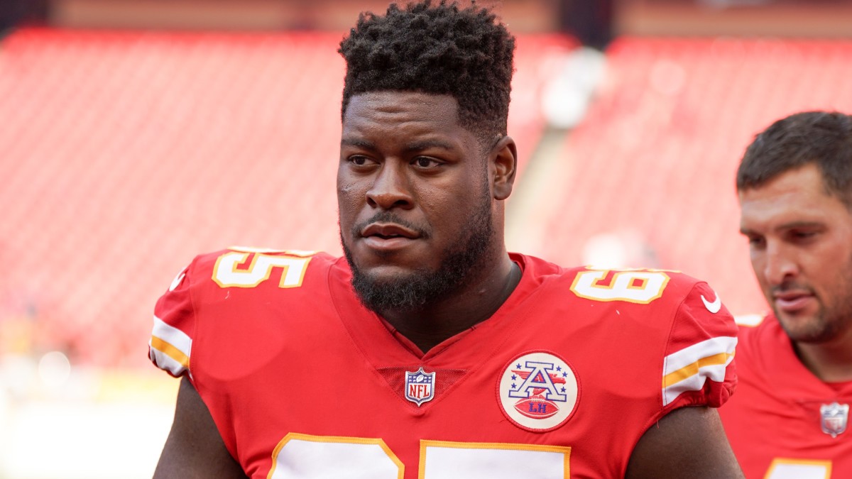 Kansas City Chiefs guard Trey Smith (65) leaves the field against the Washington Commanders after a game at GEHA Field at Arrowhead Stadium.