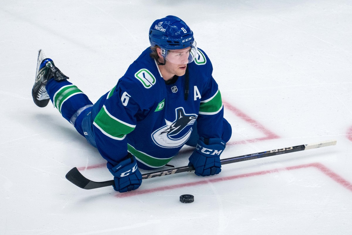 Vancouver Canucks forward Brock Boeser (6) stretches during warm ups.