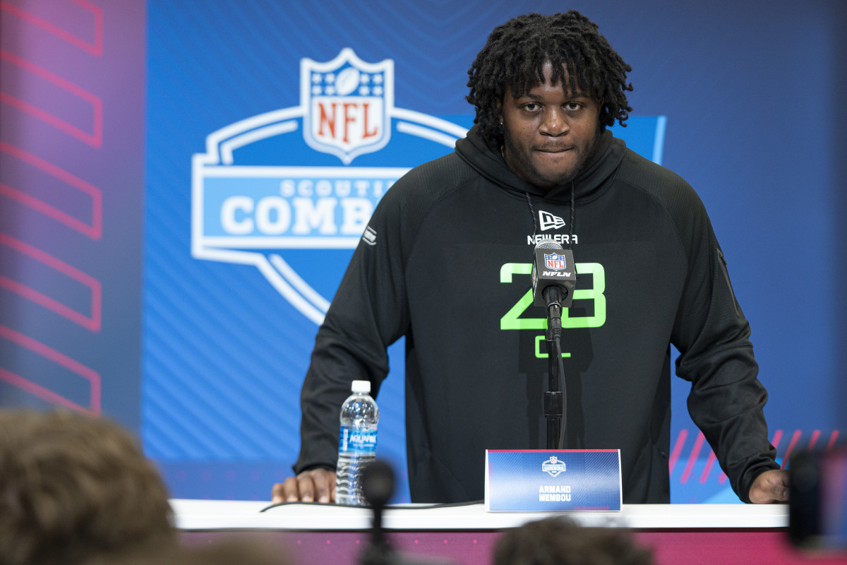 University of Missouri offensive lineman Armand Membou (OL28) answers questions at a press conference during the 2025 NFL Combine at Indiana Convention Center.