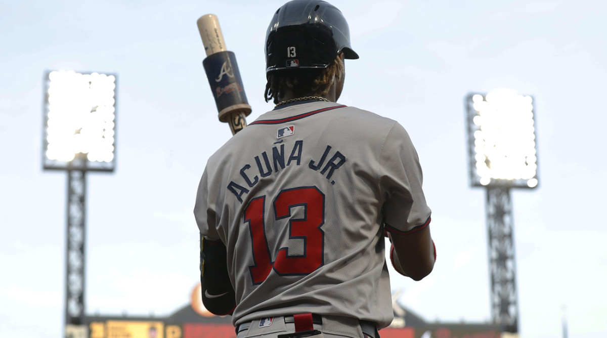 Atlanta Braves outfielder Ronald Acuña Jr. is seen in the on-deck circle during a game against against the Pittsburgh Pirates at PNC Park on May 24, 2024.