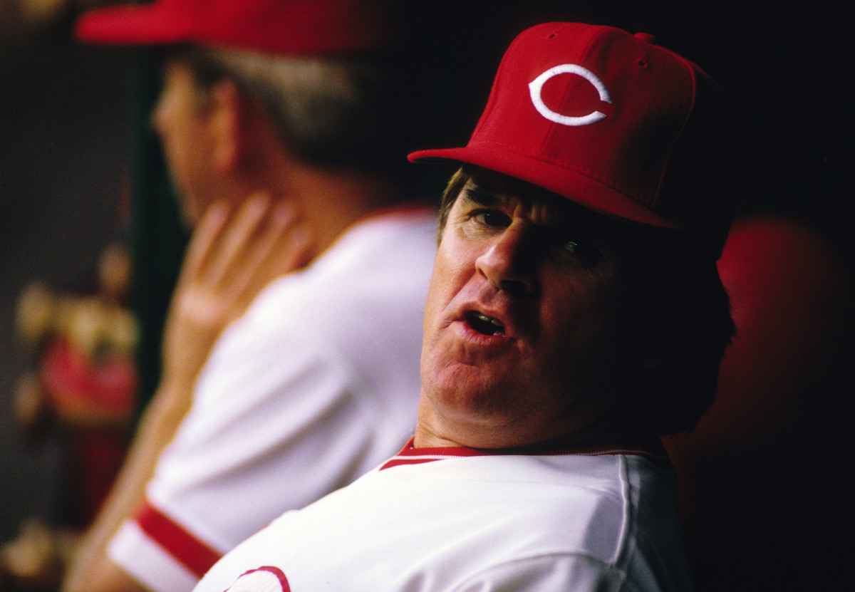 Cincinnati Reds manager Pete Rose in the dugout at Riverfront Stadium during the 1987 season.