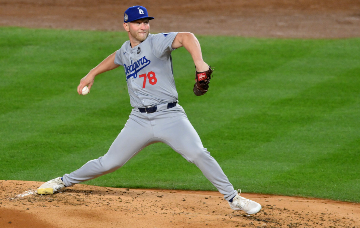 Los Angeles Dodgers pitcher Ben Casparius (78) throws during the first inning in game four of the 2024 MLB World Series against the New York Yankees at Yankee Stadium.