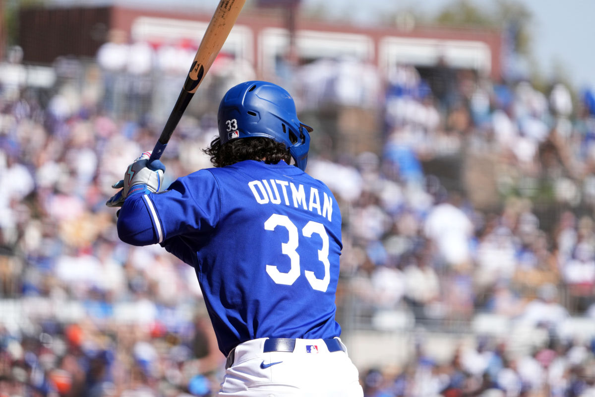 Los Angeles Dodgers outfielder James Outman (33) bat against the San Francisco Giants during the second inning at Camelback Ranch-Glendale.