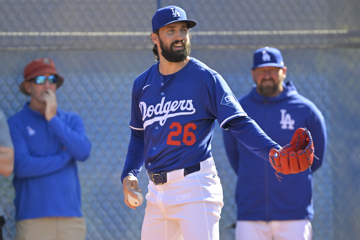 Feb 18, 2025; Los Angeles Dodgers starting pitcher Tony Gonsolin (26) throws a bullpen session during spring training workouts at Camelback Ranch.