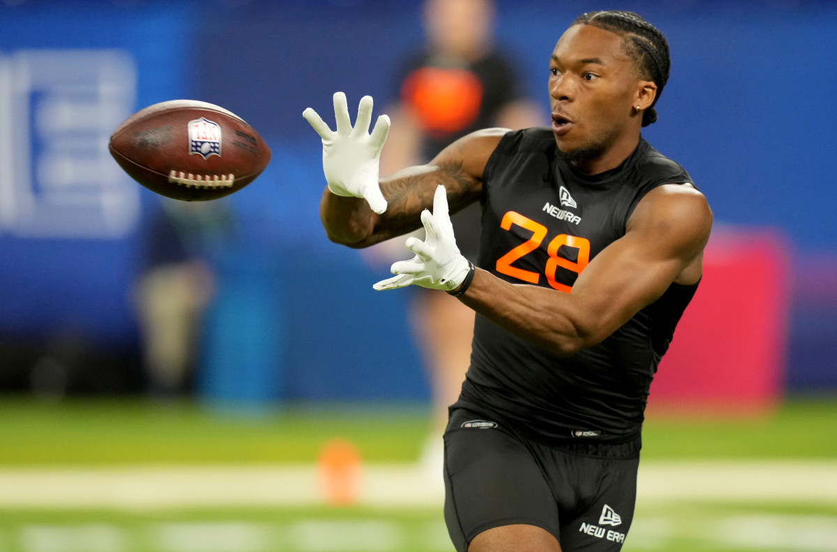 Mar 1, 2025; Indianapolis, IN, USA; Virginia Tech wideout Jaylin Lane (WO28) during the 2025 NFL Combine at Lucas Oil Stadium. Mandatory Credit: Kirby Lee-Imagn Images