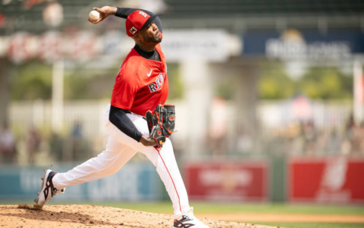 FORT MYERS, FLORIDA - MARCH 5: Aroldis Chapman #44 of the Boston Red Sox pitches during a Grapefruit League game against the Tampa Bay Rays at JetBlue Park at Fenway South in Fort Myers, Florida on March 5, 2025. (Photo by Maddie Malhotra/Boston Red Sox/Getty Images) 