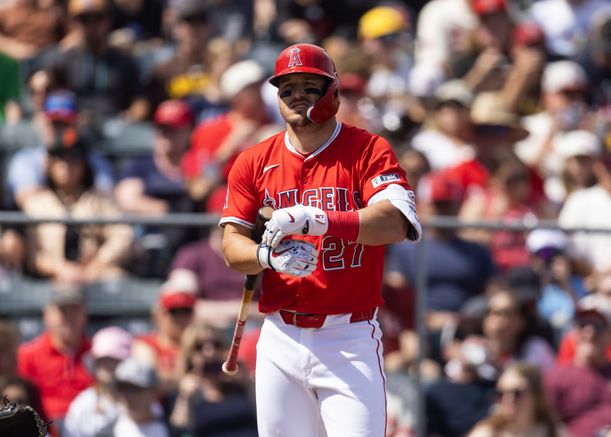 Los Angeles Angels designated hitter Mike Trout against the San Diego Padres during a spring training game at Tempe Diablo Stadium.