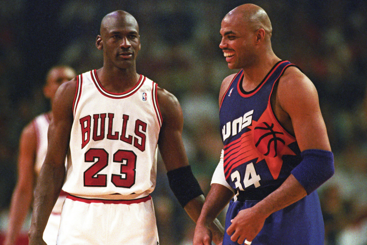Chicago Bulls guard Michael Jordan and Phoenix Suns forward Charles Barkley face off in the 1993 NBA Finals.Rob Schumacher/The Republic via Imagn Images