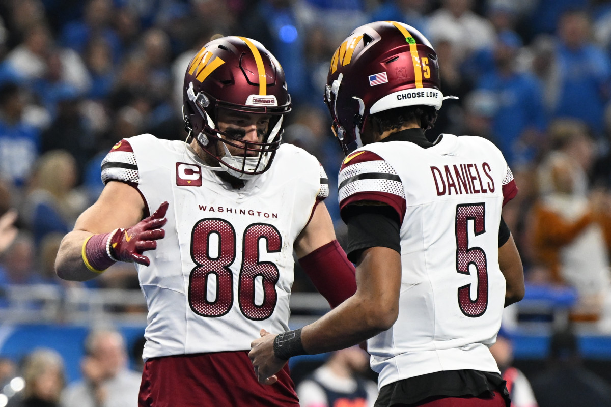 Jan 18, 2025; Detroit, Michigan, USA; Washington Commanders tight end Zach Ertz (86) celebrates touchdown pass with quarterback Jayden Daniels (5) during the second quarter in a 2025 NFC divisional round game at Ford Field. Mandatory Credit: Lon Horwedel-Imagn Images