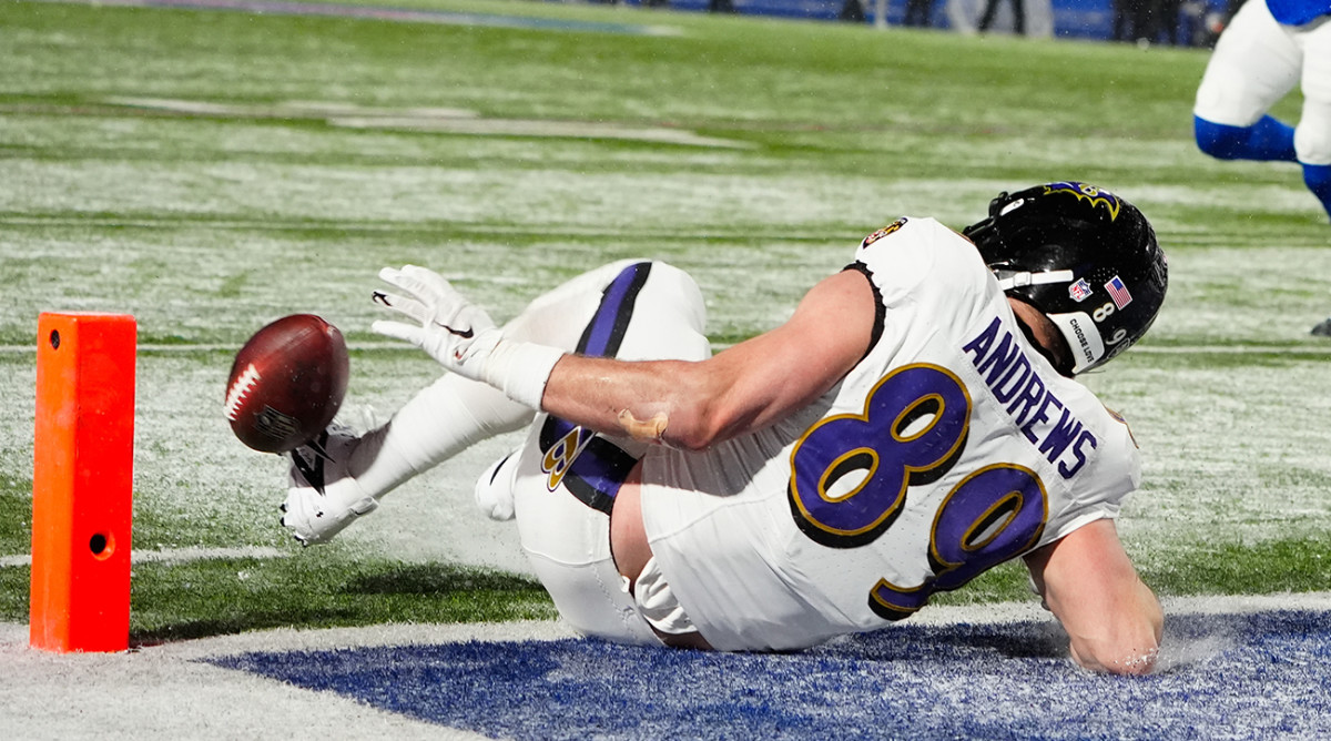 Baltimore Ravens tight end Mark Andrews drops a potential game-tying two-point conversion in playoff loss to Bills on Jan. 11, 2025.