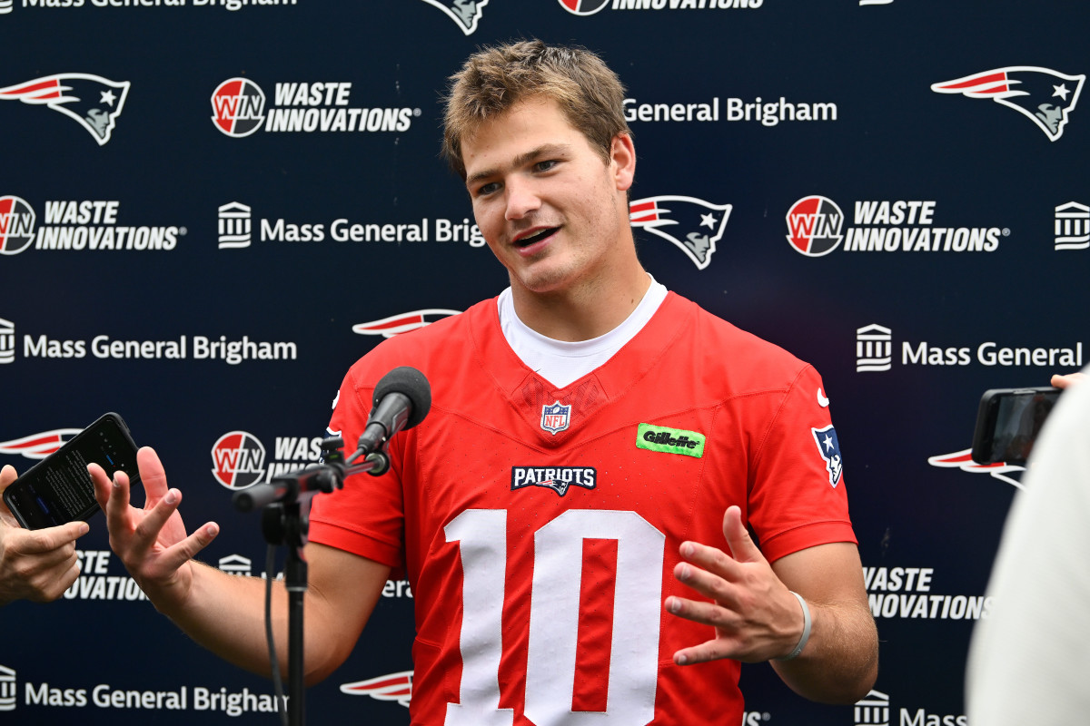 Jun 9, 2025; Foxborough, MA, USA; New England Patriots quarterback Drake Maye (10) holds a press conference after minicamp at Gillette Stadium. Mandatory Credit: Eric Canha-Imagn Images