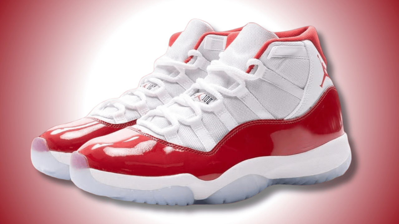 Three-quarter side view of the Air Jordan 11 Retro Cherry