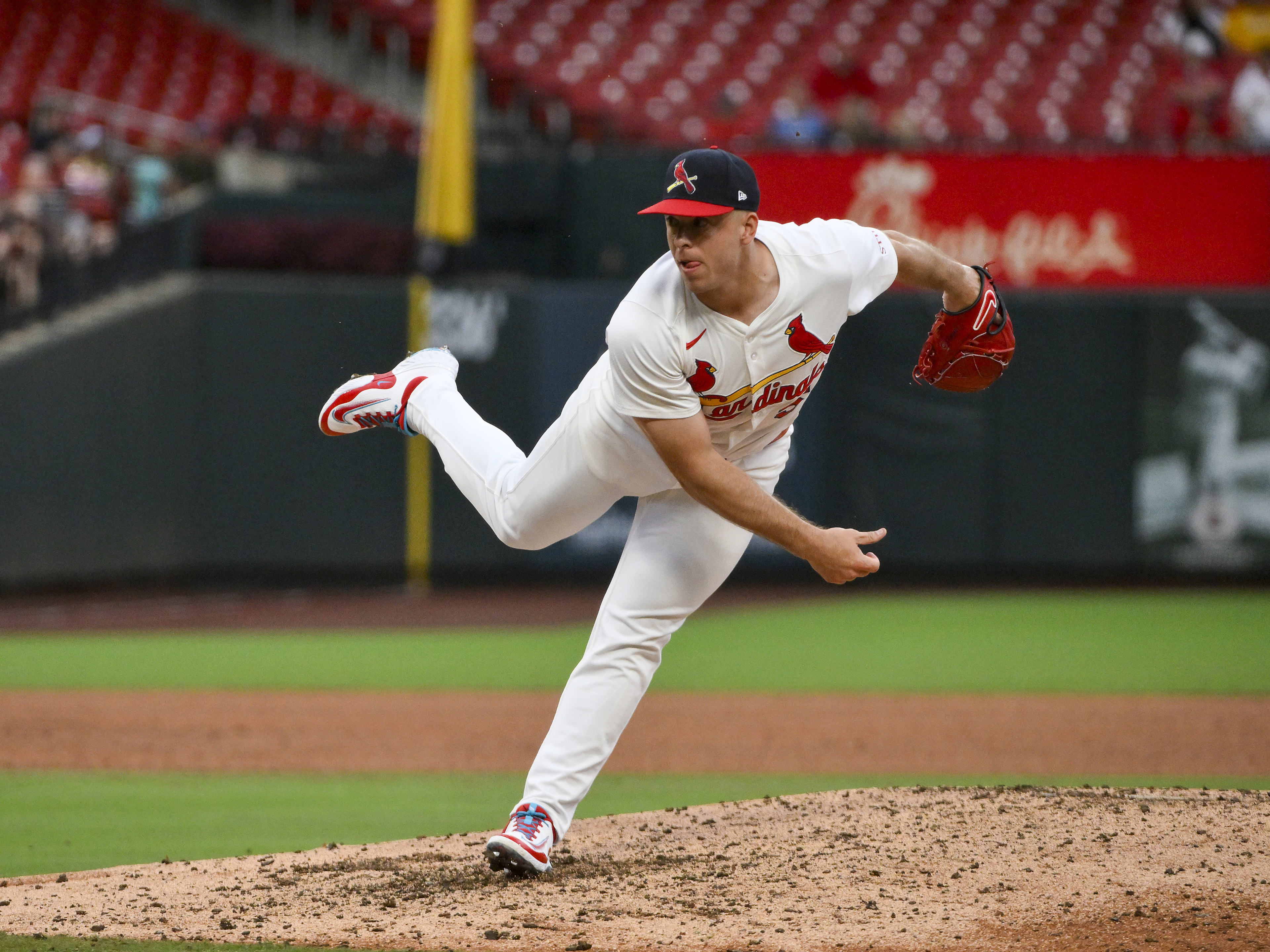St. Louis Cardinals relief pitcher Ryan Helsley pitches against the Atlanta Braves at Busch Stadium. 