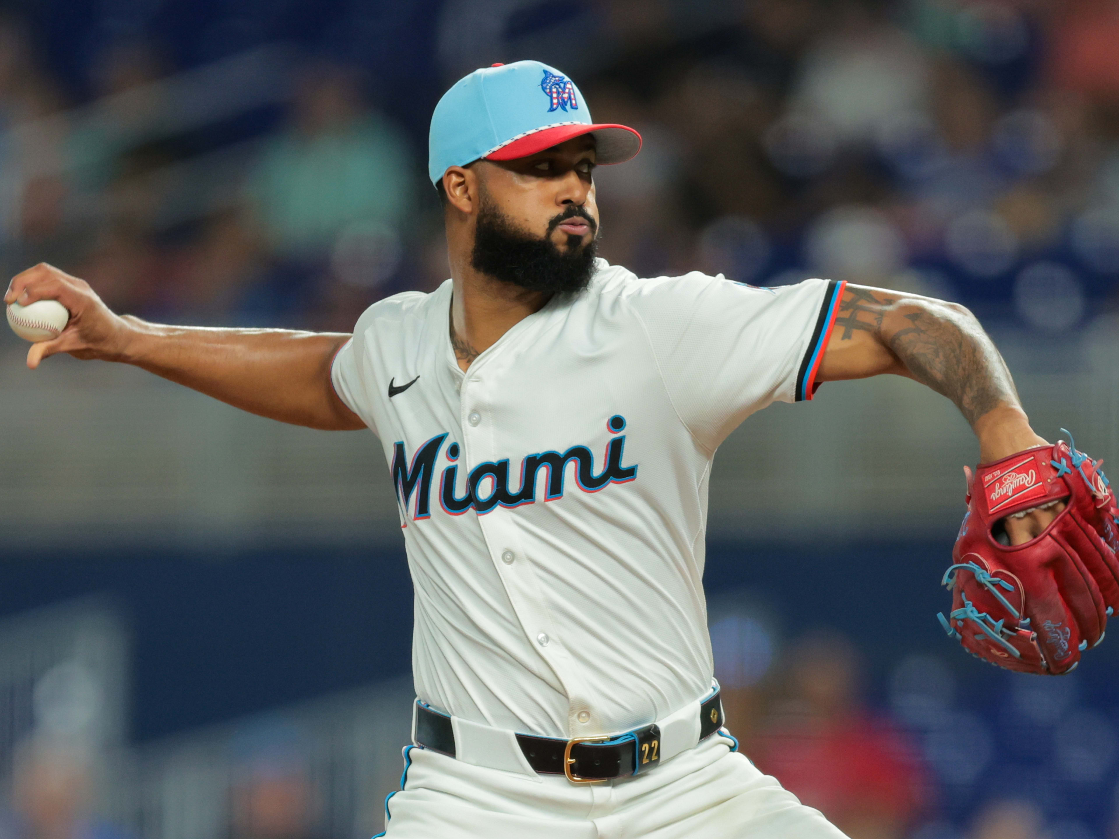 Miami Marlins starting pitcher Sandy Alcantara (22) delivers a pitch against the Milwaukee Brewers during the first inning at loanDepot Park.