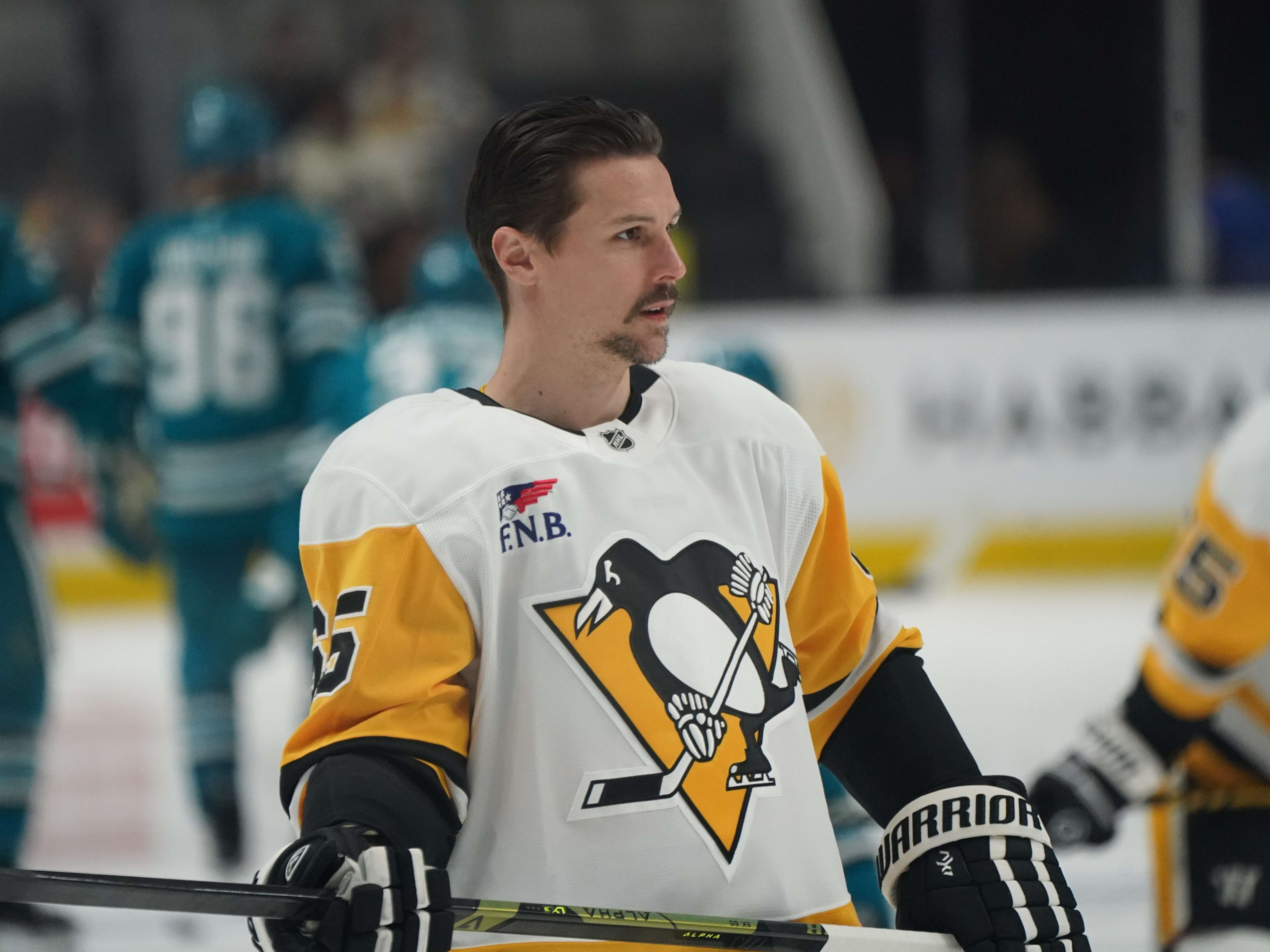 Jan 27, 2025; San Jose, California, USA; Pittsburgh Penguins defenseman Erik Karlsson (65) warms up before the game against the San Jose Sharks at SAP Center at San Jose. Mandatory Credit: David Gonzales-Imagn Images