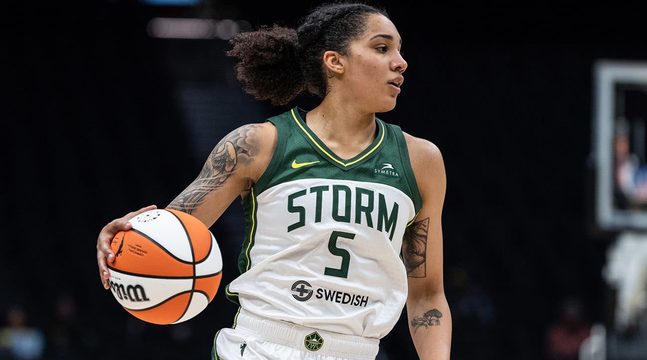 Seattle Storm forward Gabby Williams dribbles the ball against the New York Liberty at Climate Pledge Arena on May 29, 2022.