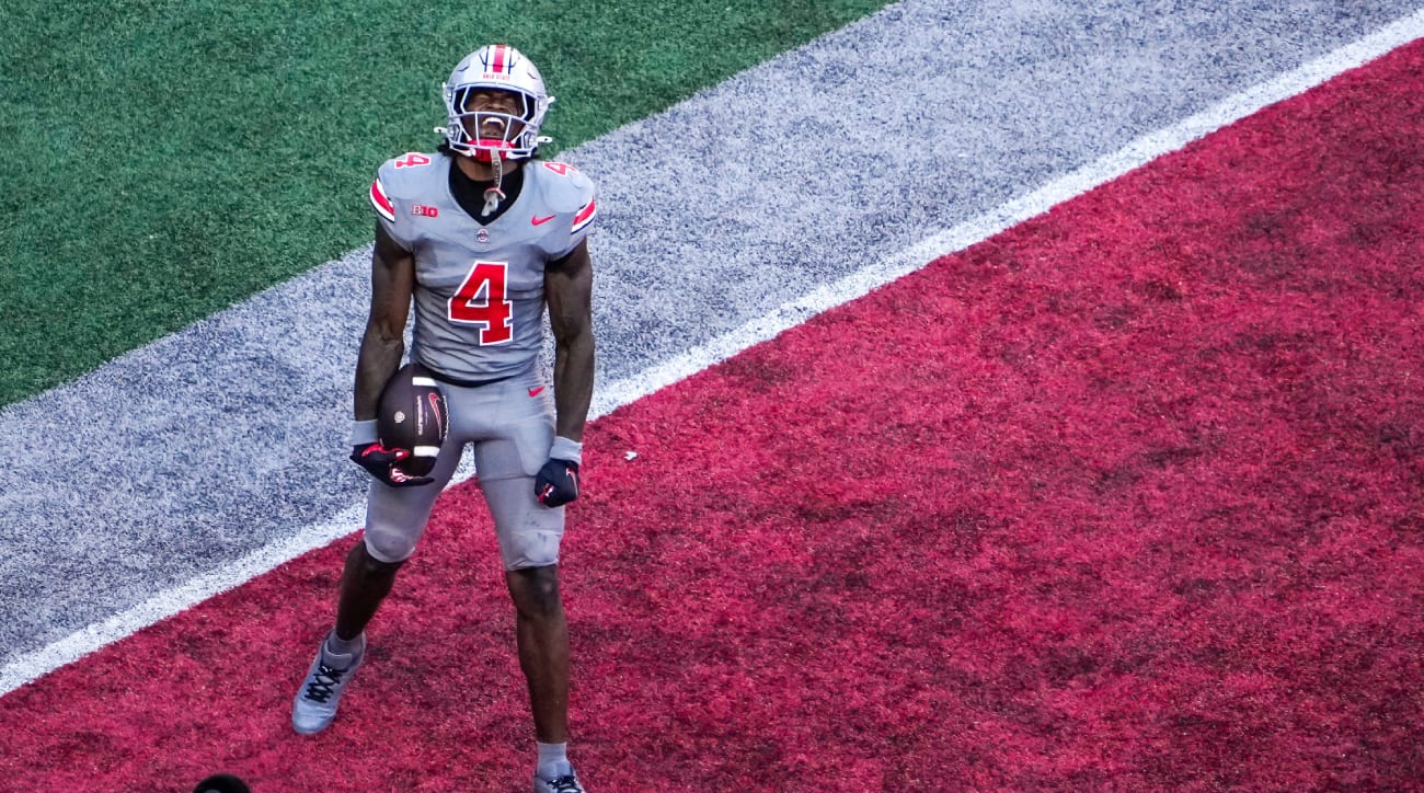 Oct 5, 2024; Columbus, Ohio, USA; Ohio State Buckeyes wide receiver Jeremiah Smith (4) celebrates after scoring a touchdown in the third quarter on Saturday.
