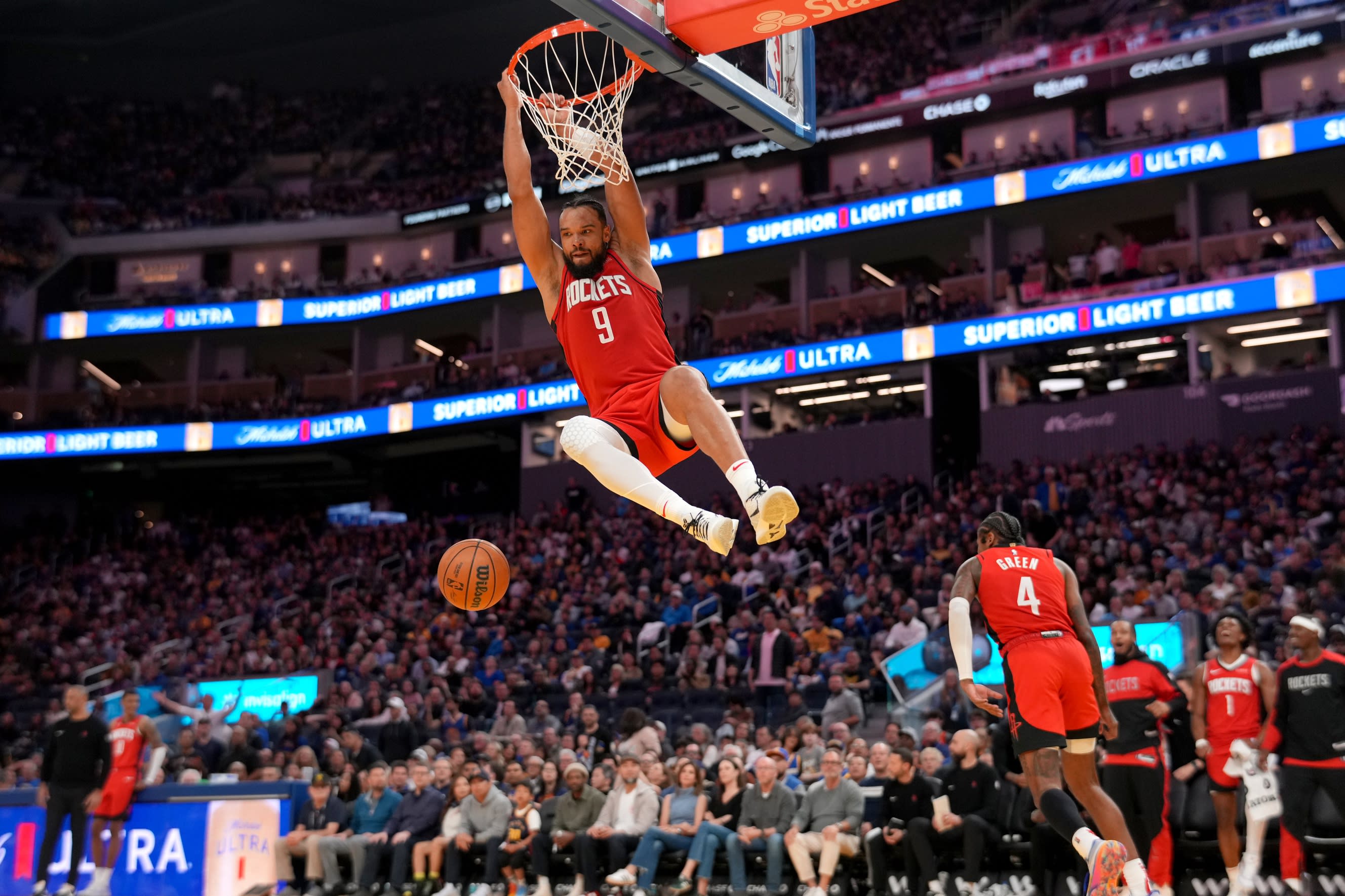 Houston Rockets guard Dillon Brooks unleashes a dunk against the Golden State Warriors at Chase Center on April 6, 2025.