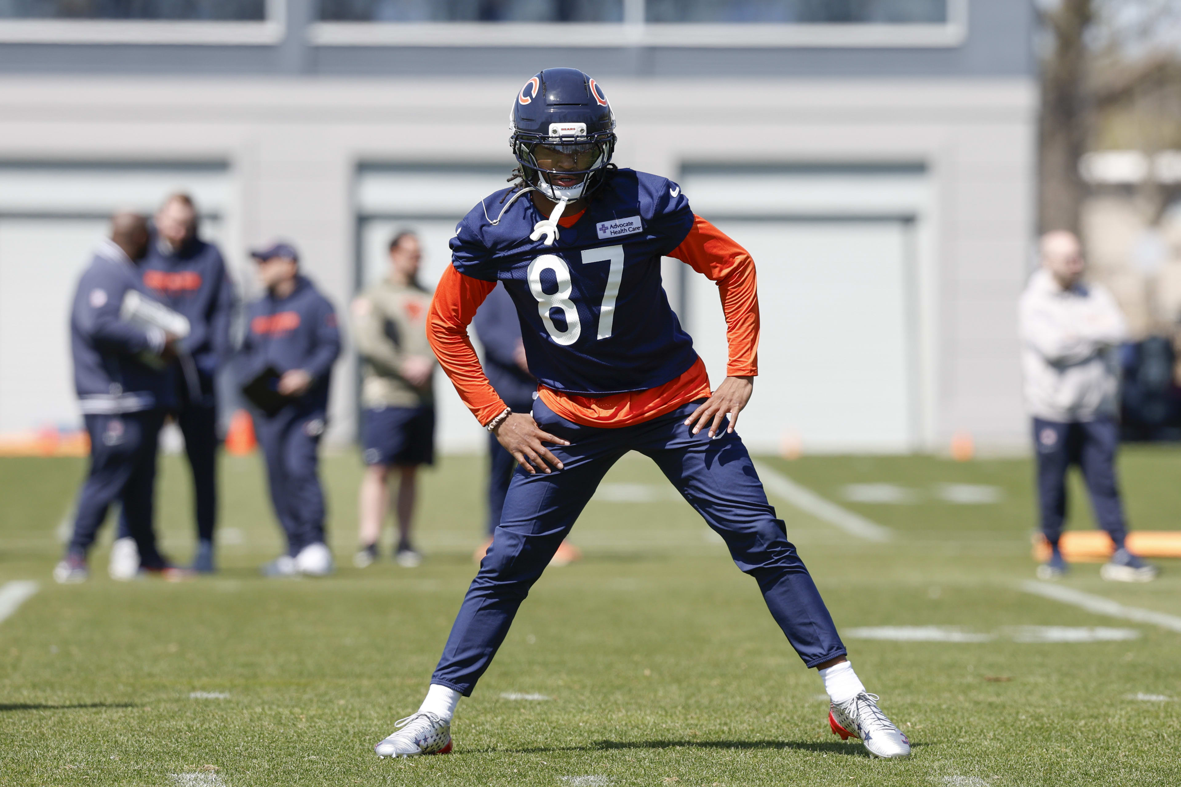 Chicago Bears wide receiver Luther Burden III warms up during the Rookie Minicamp at Halas Hall.