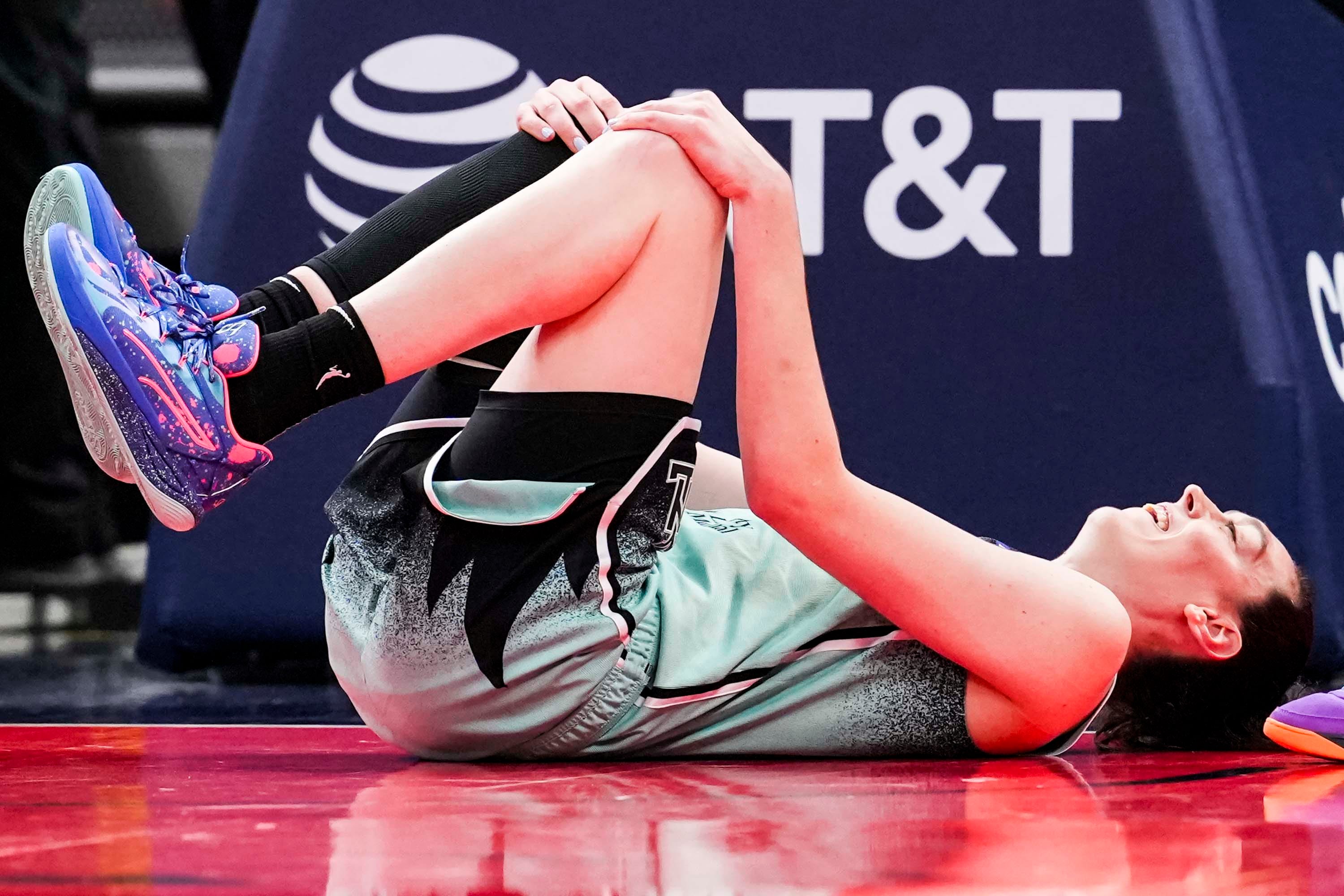 New York Liberty forward Breanna Stewart (30) smiles after falling down Saturday, May 24, 2025, during a game between the Indiana Fever and the New York Liberty at Gainbridge Fieldhouse in Indianapolis. The New York Liberty defeated the Indiana Fever, 90-88.