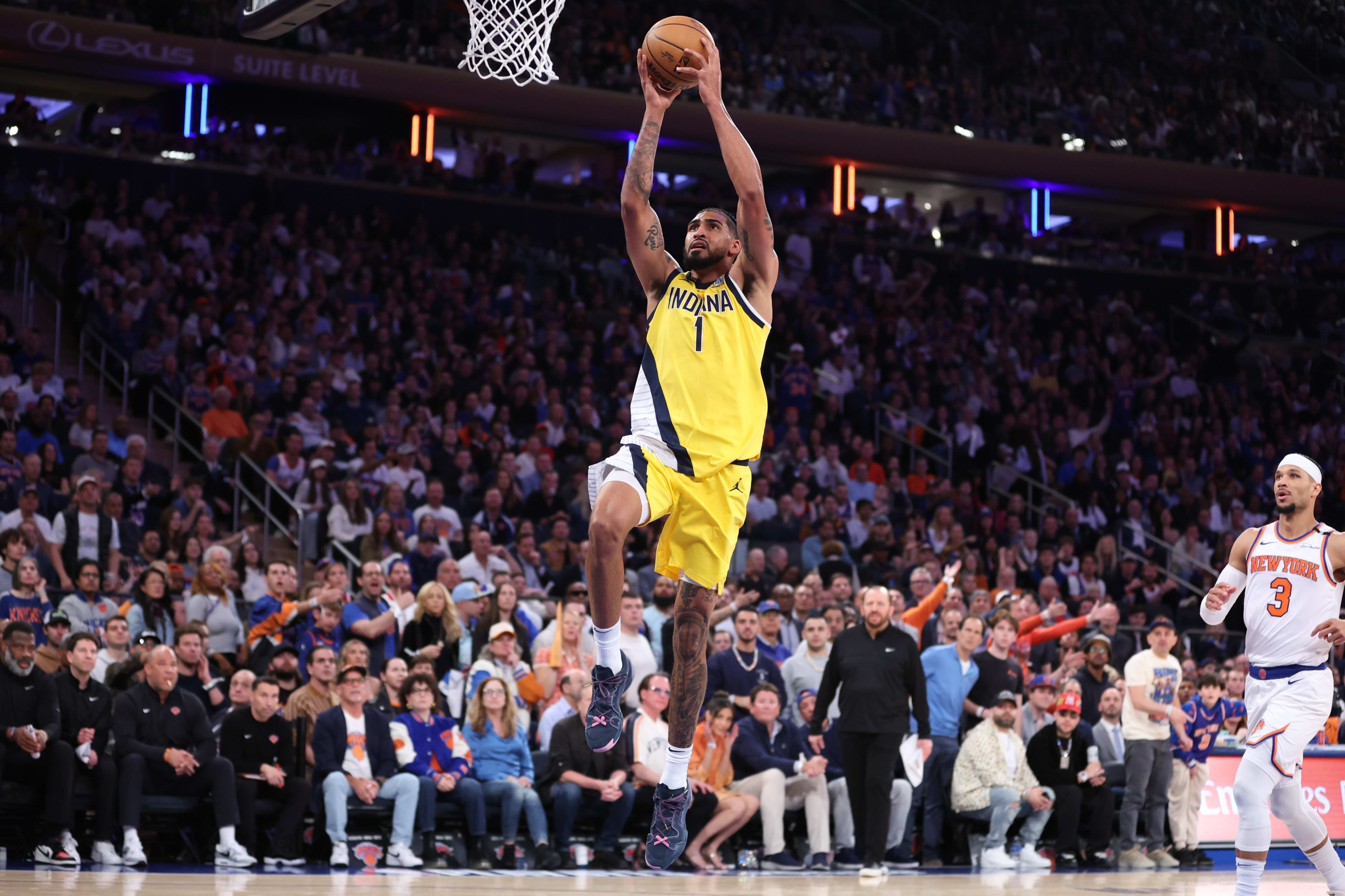 Obi Toppin skies for a dunk in game two.