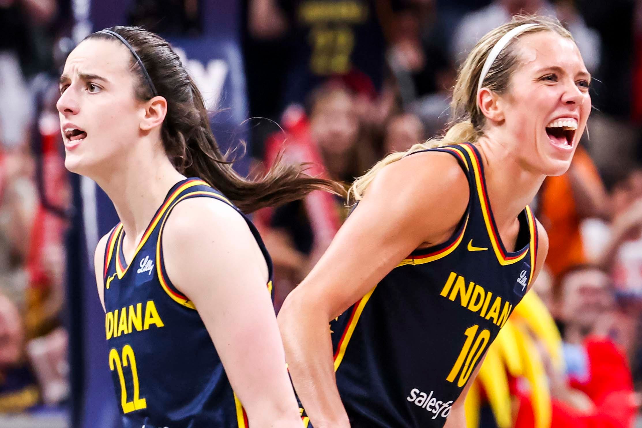 Indiana Fever guards Caitlin Clark and Lexie Hull.