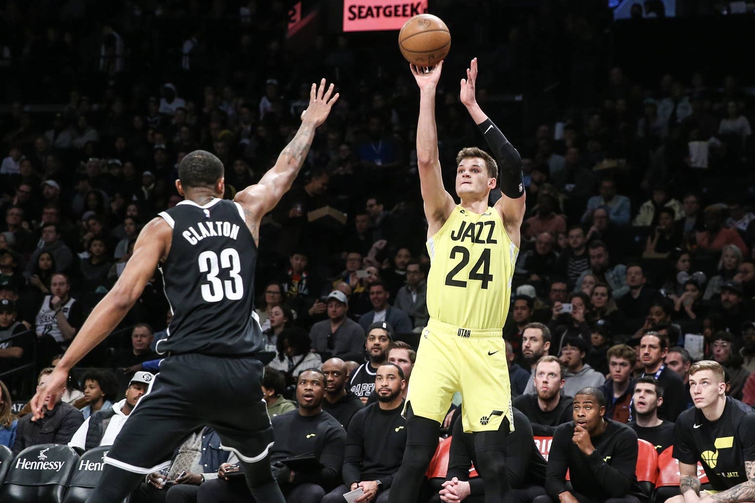 Utah Jazz center Walker Kessler (24) shoots over Brooklyn Nets center Nic Claxton (33) in the third quarter at Barclays Center.