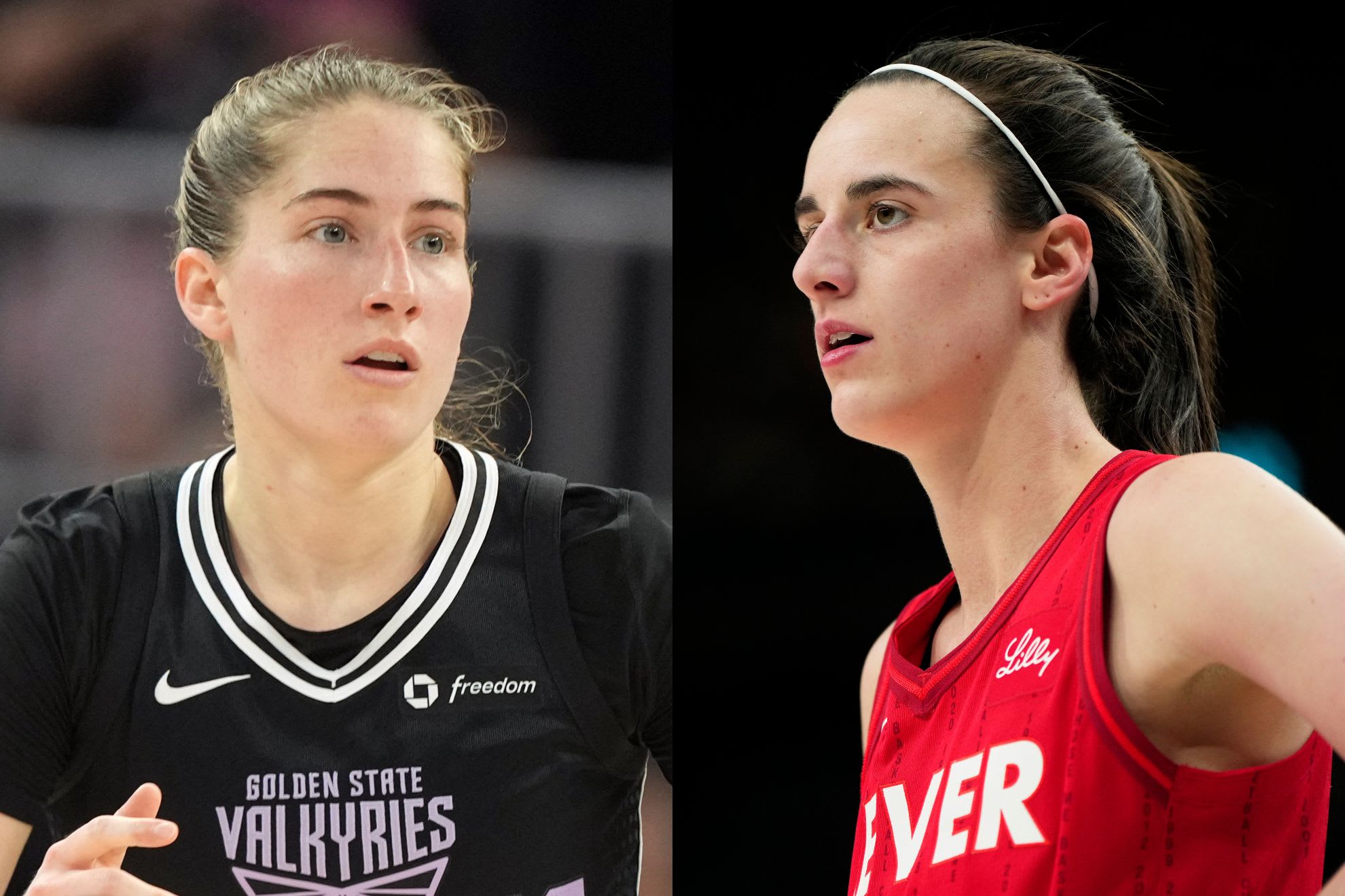 Golden State Valkyries guard Kate Martin (left) and Indiana Fever guard Caitlin Clark (right).
