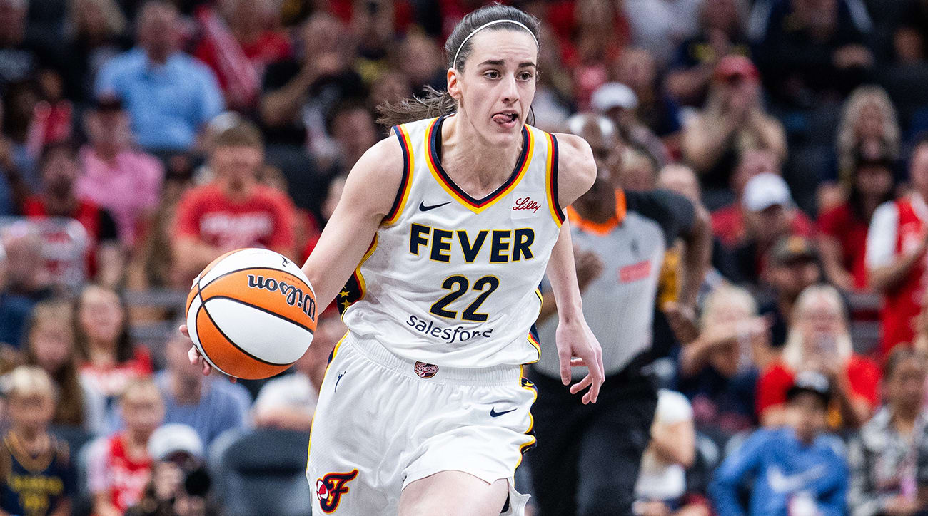 Indiana Fever guard Caitlin Clark dribbles the ball upcourt against the Golden State Valkyries at Gainbridge Fieldhouse on July 9, 2025.