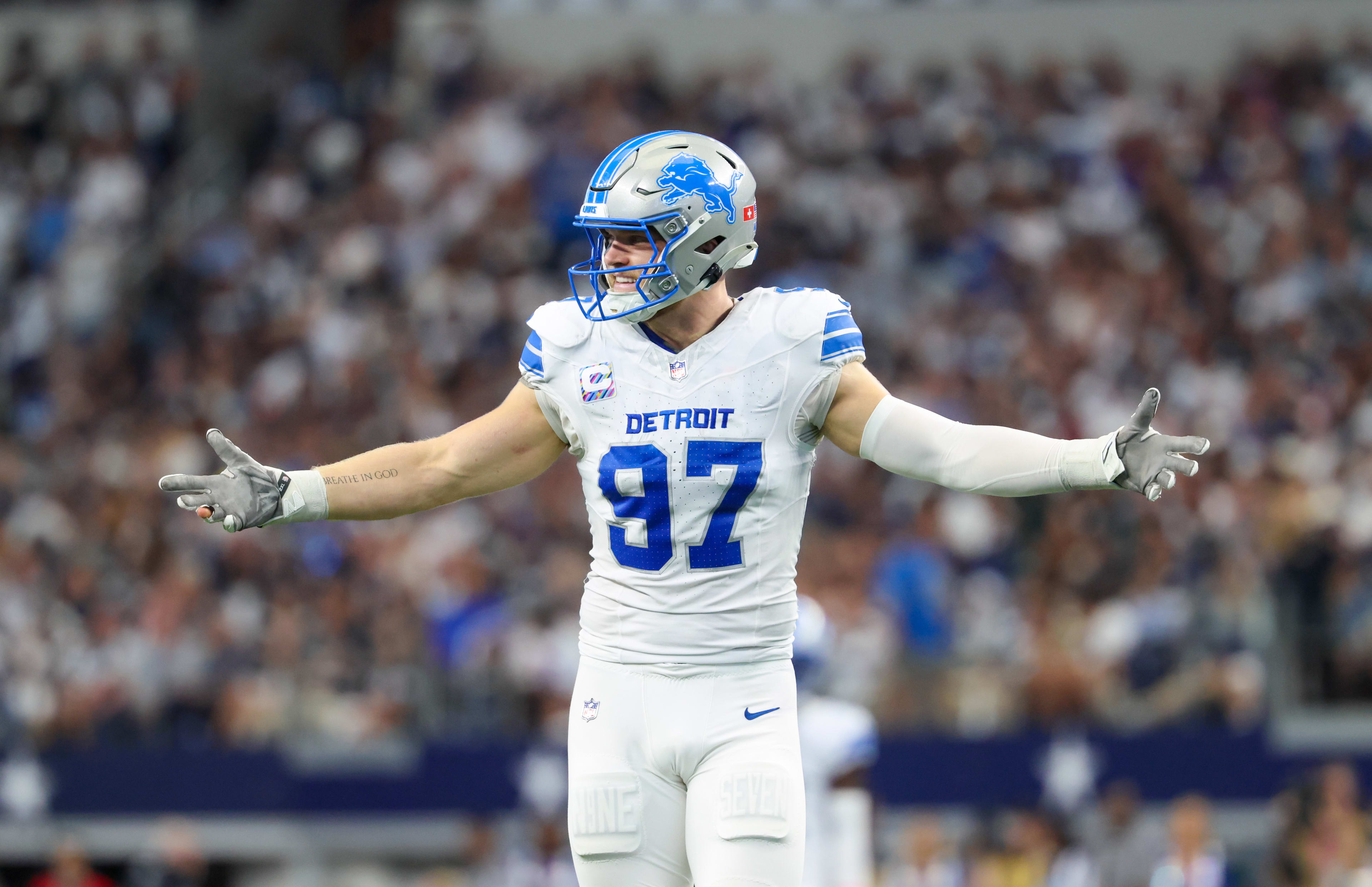 Oct 13, 2024; Arlington, Texas, USA; Detroit Lions defensive end Aidan Hutchinson (97) in action during the game against the Dallas Cowboys at AT&T Stadium.
