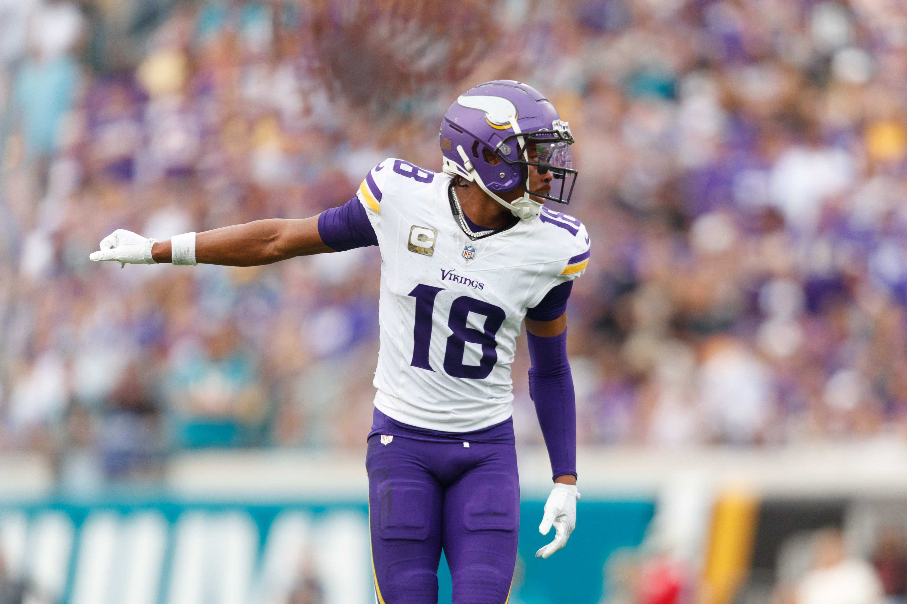 Nov 10, 2024; Jacksonville, Florida, USA; Minnesota Vikings wide receiver Justin Jefferson (18) waits for the snap against the Jacksonville Jaguars during the fourth quarter at EverBank Stadium.