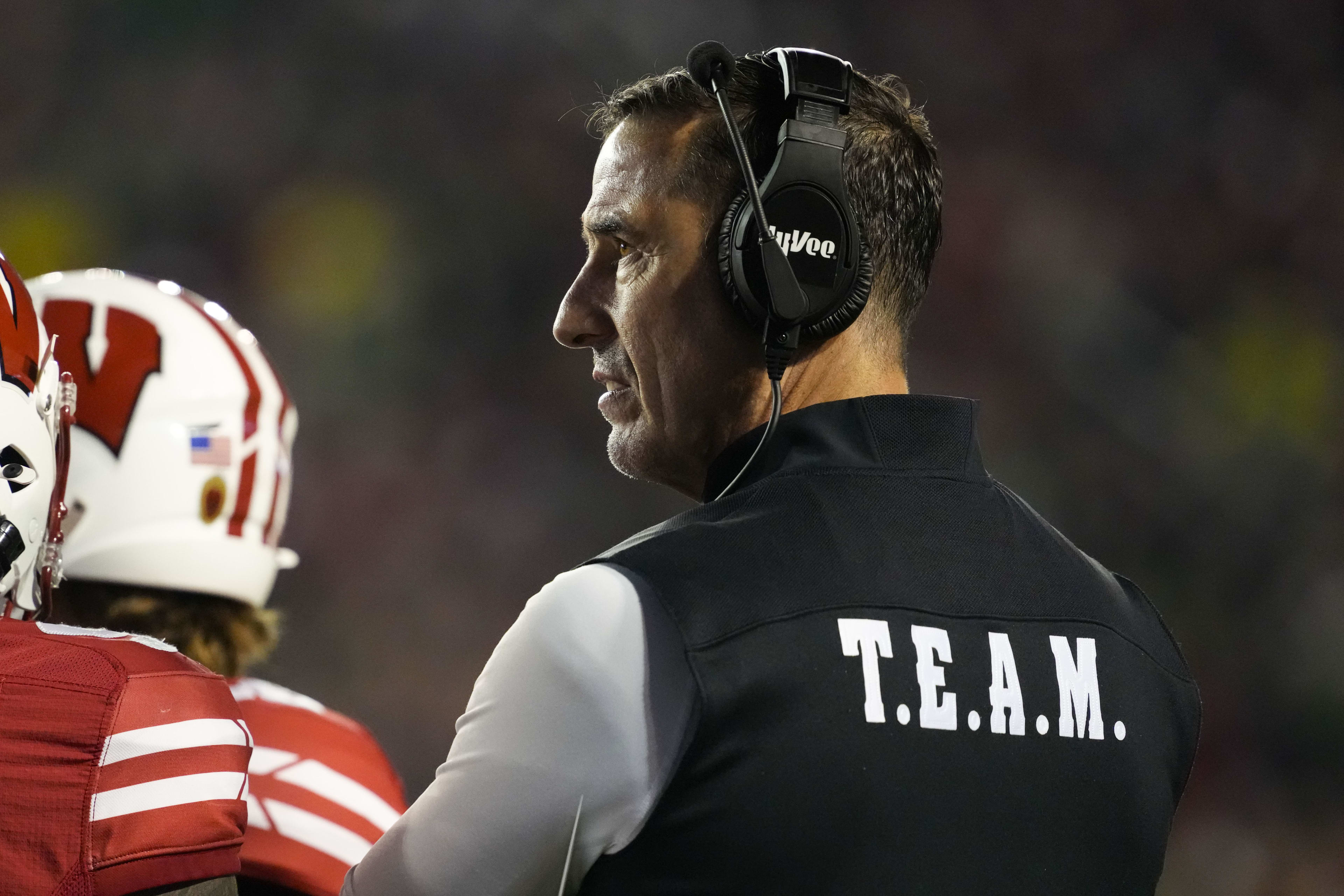 Nov 16, 2024; Madison, Wisconsin, USA; Wisconsin Badgers head coach Luke Fickell looks on during the first quarter against the Oregon Ducks at Camp Randall Stadium. Mandatory Credit: Jeff Hanisch-Imagn Images  
