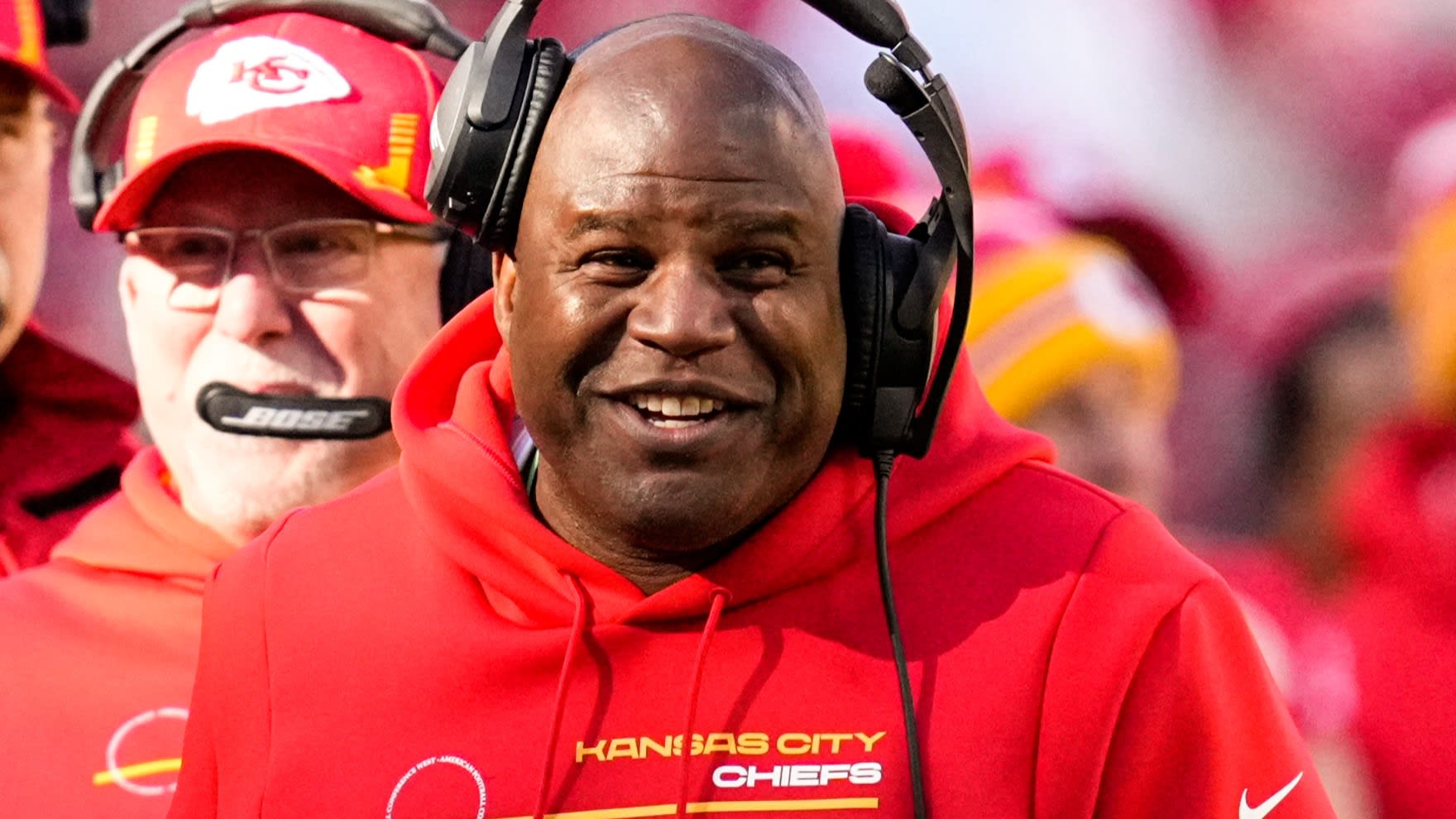 Kansas City Chiefs offensive coordinator Eric Bieniemy reacts during the first half against the Las Vegas Raiders at GEHA Field at Arrowhead Stadium.