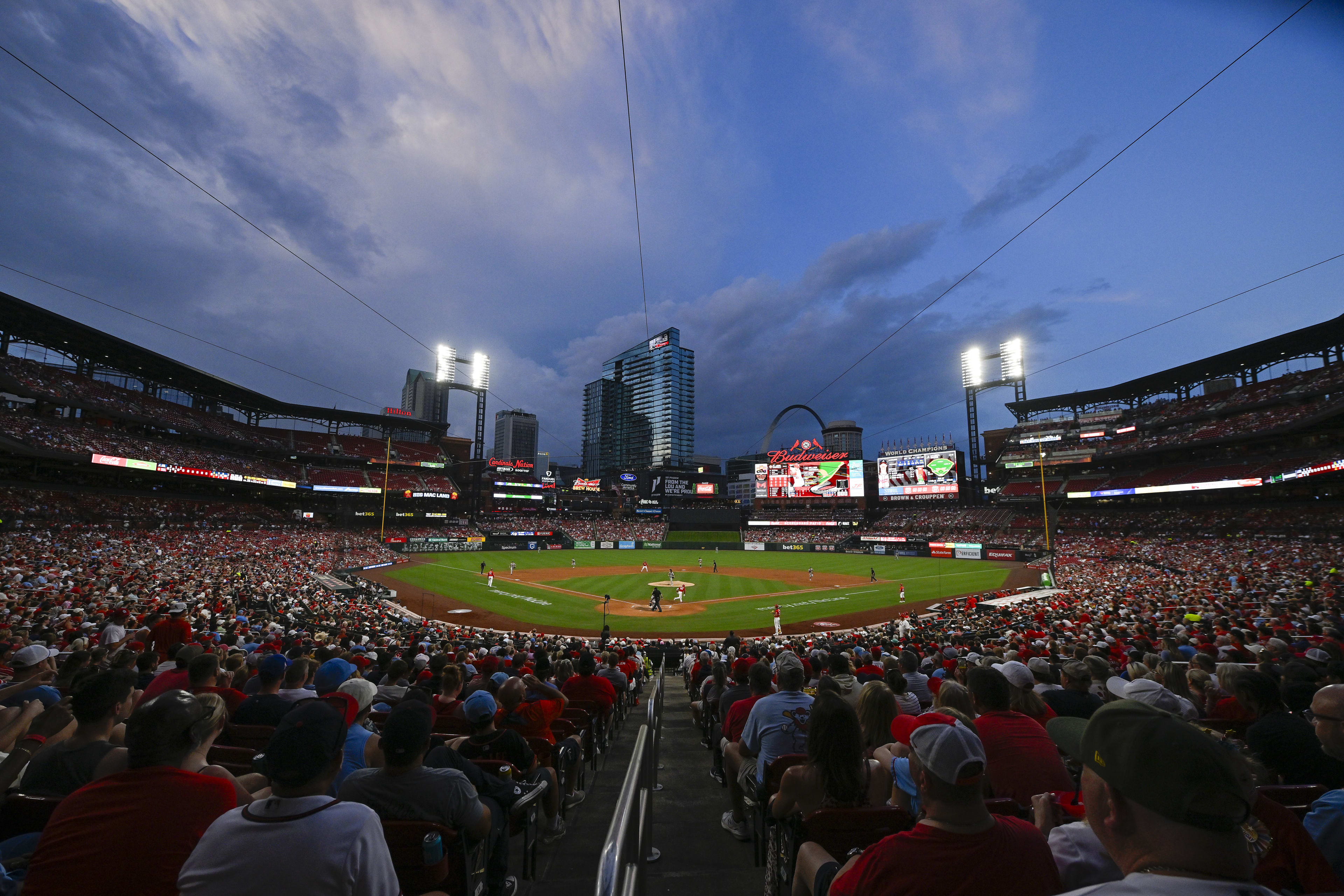 A general view during the third inning of a game between the St. Louis Cardinals and the Atlanta Braves at Busch Stadium.