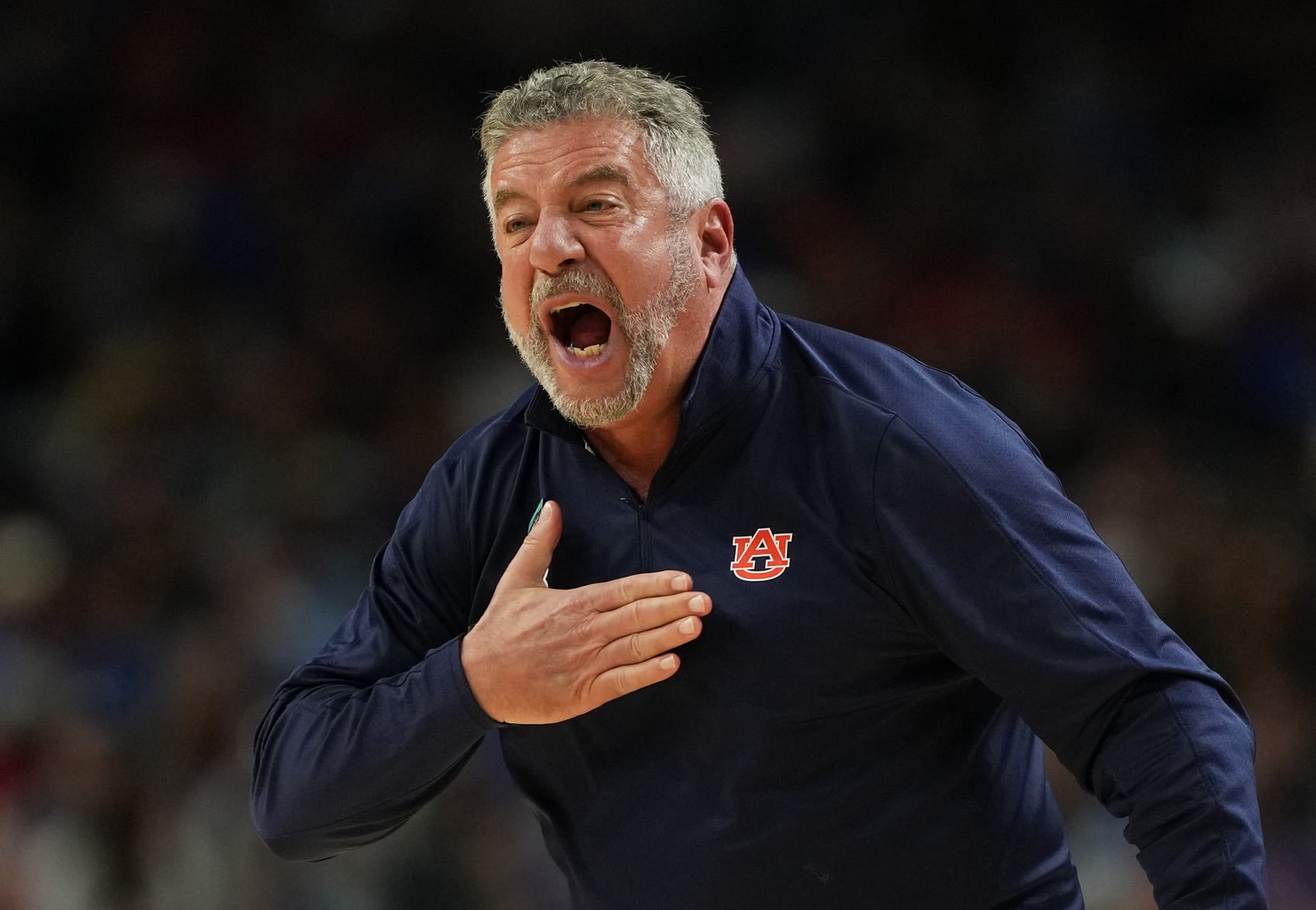 Auburn Tigers head coach Bruce Pearl reacts after a play against the Florida Gators during the second half in the semifinals of the men's Final Four of the 2025 NCAA Tournament