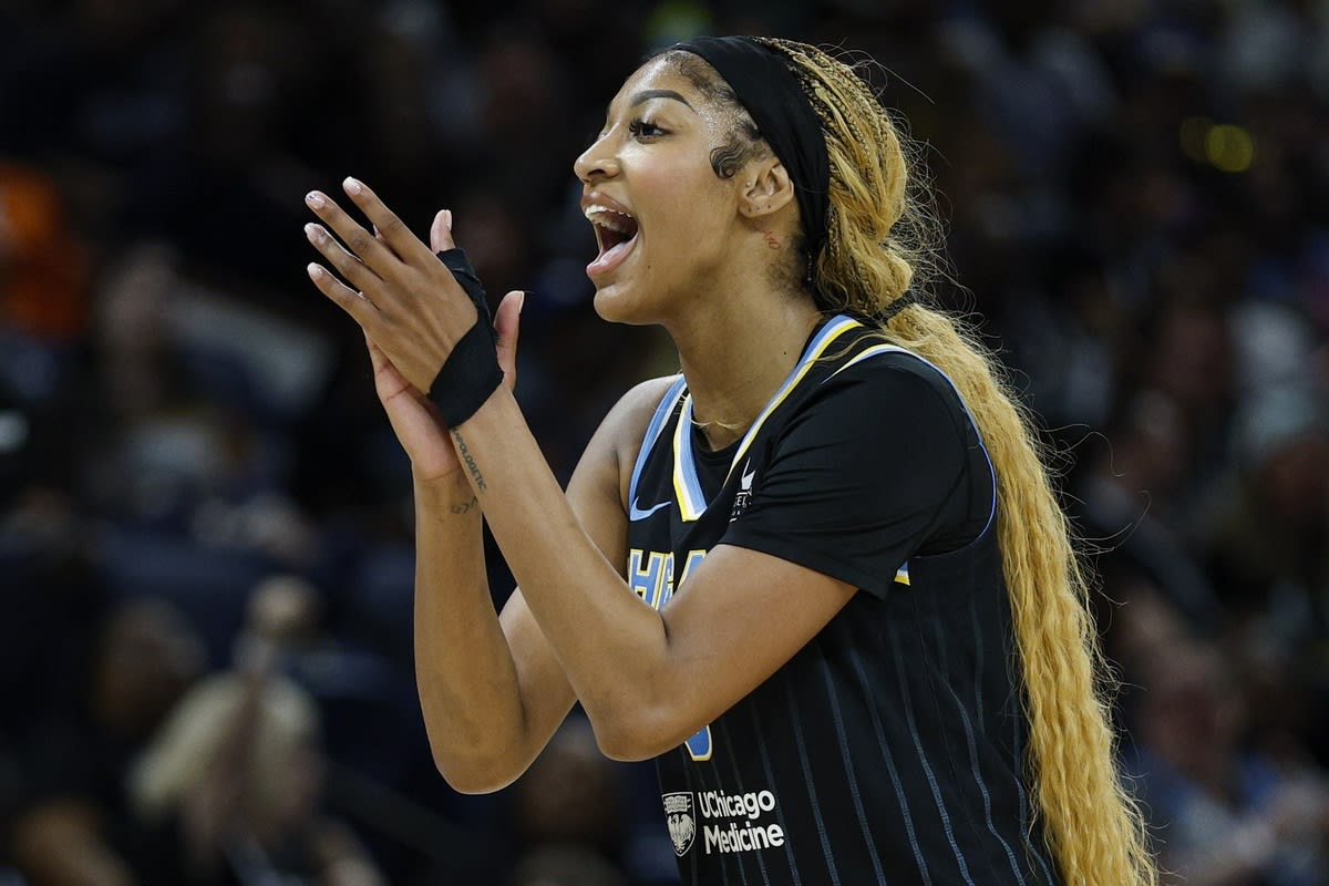 Chicago Sky forward Angel Reese (5) reacts during the second half of a WNBA game