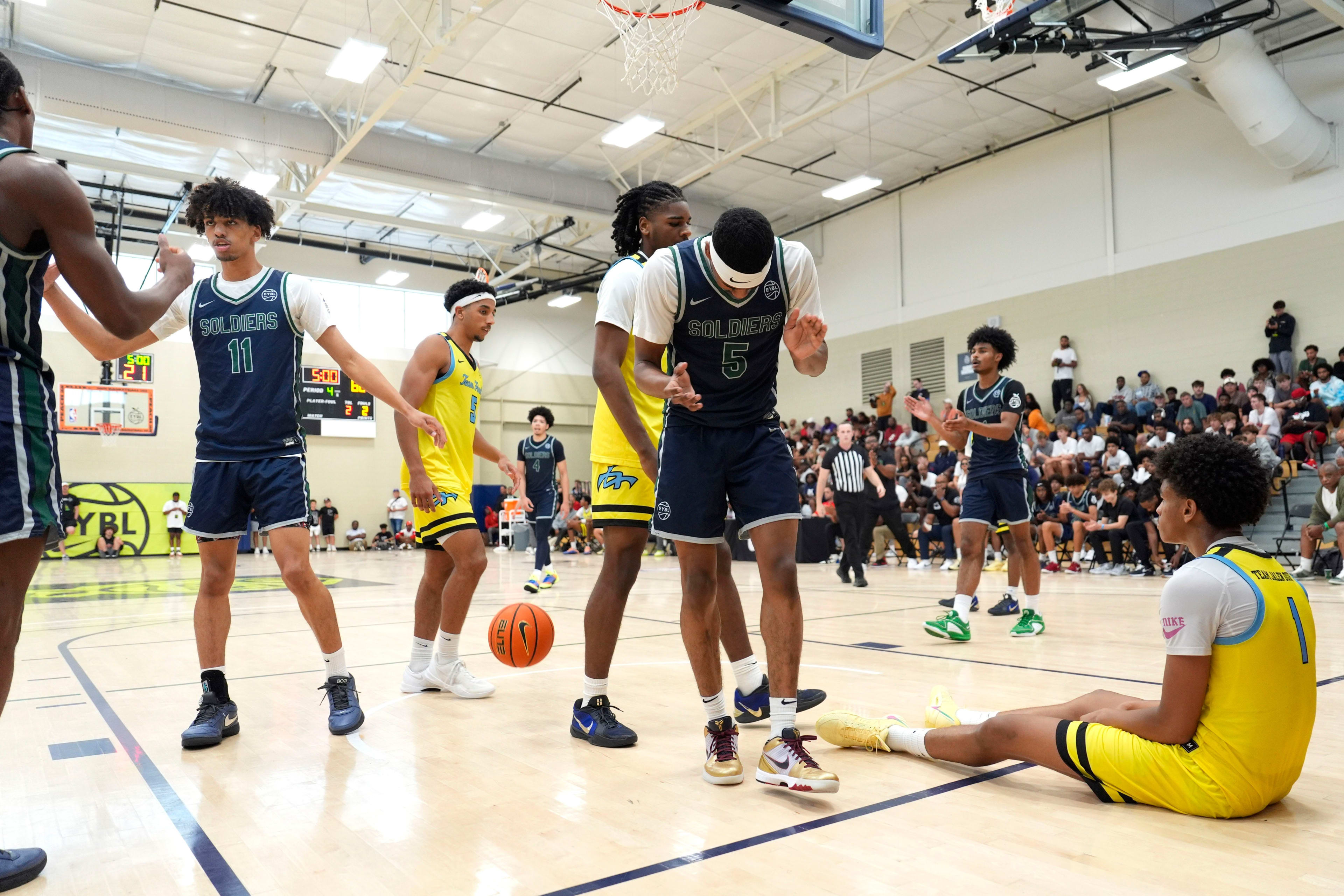 Oakland Soldiers Jason Crowe Jr. (5) celebrates after a play during the Oakland Soldiers and Team Final game at Nike EYBL Peach Jam at Riverview Park Activities Center. The Oakland Soldiers won 86-75.