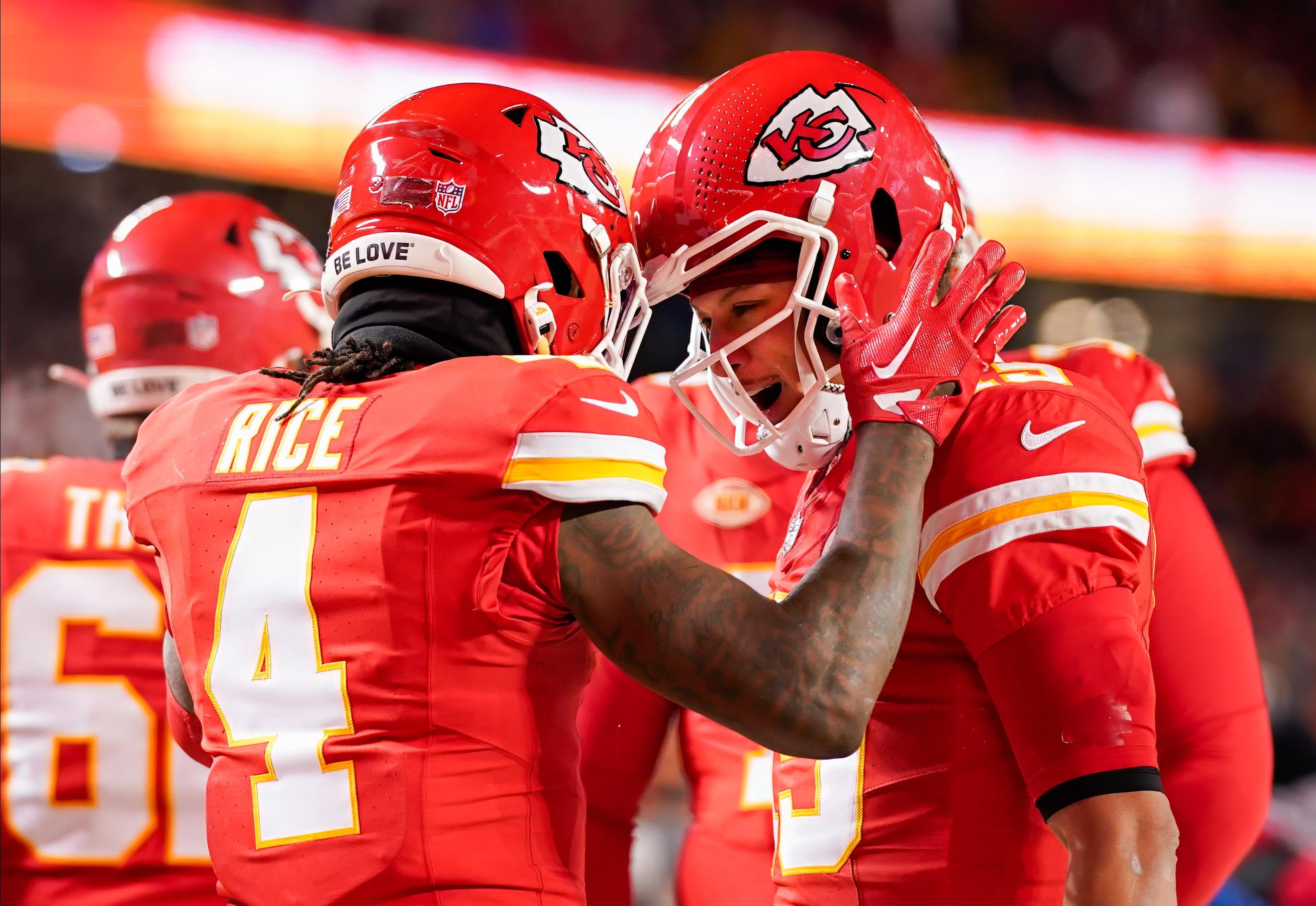 Chiefs quarterback Patrick Mahomes celebrates with wide receiver Rashee Rice during the 2024 NFL playoffs