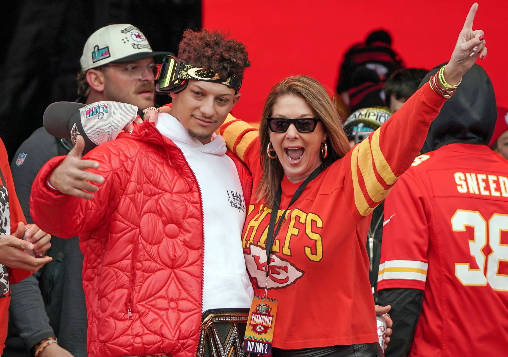 Patrick Mahomes (15) celebrates with his mother Randi Mahomes during the Kansas City Chiefs Super Bowl parade.
