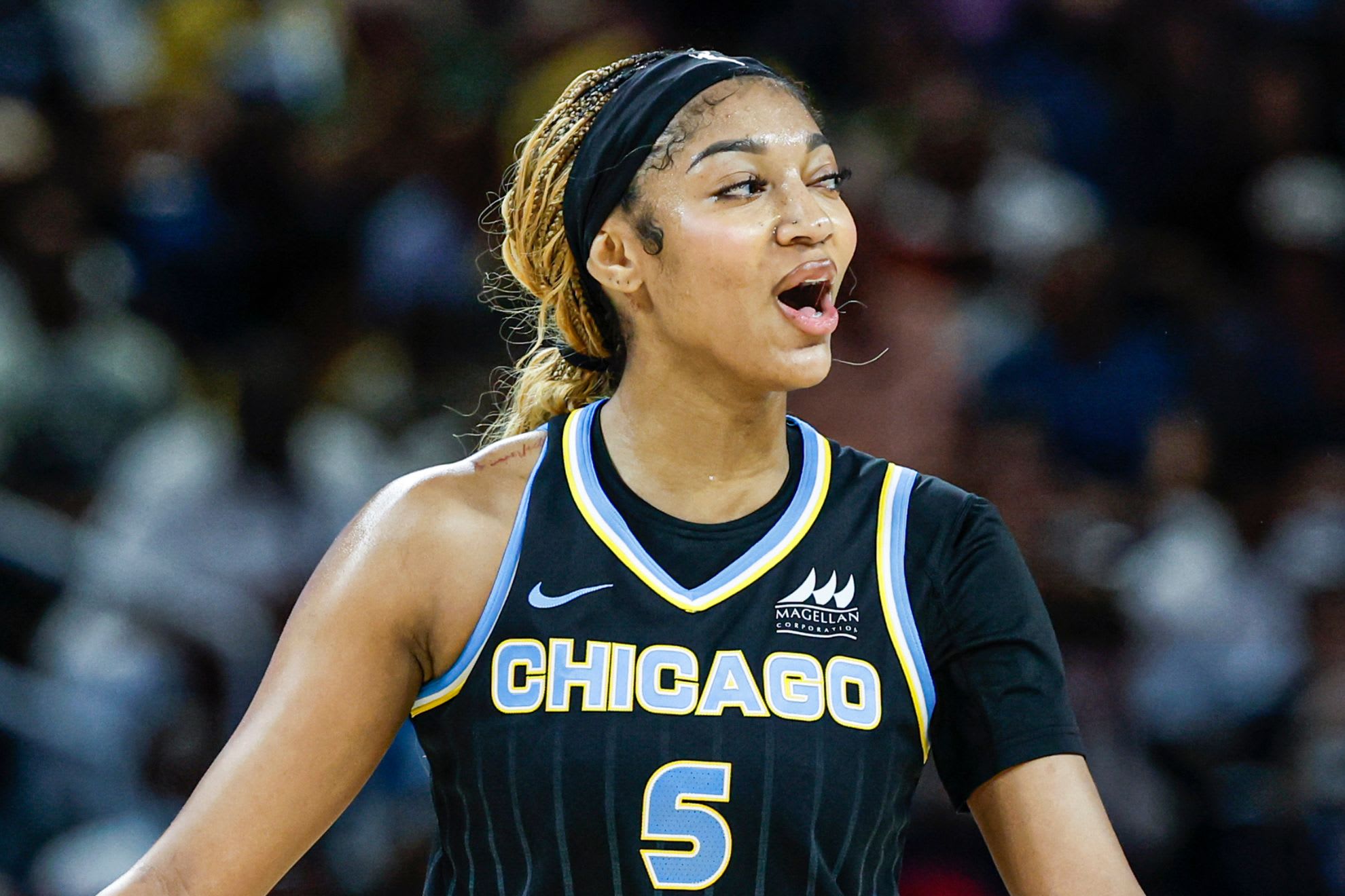 Chicago Sky forward Angel Reese (5) reacts during the first half of a WNBA game against the Minnesota Lynx at Wintrust Arena.
