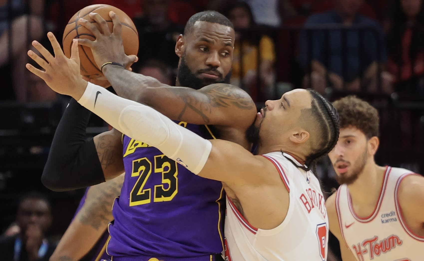 Lakers star LeBron James (left) and Dillon Brooks