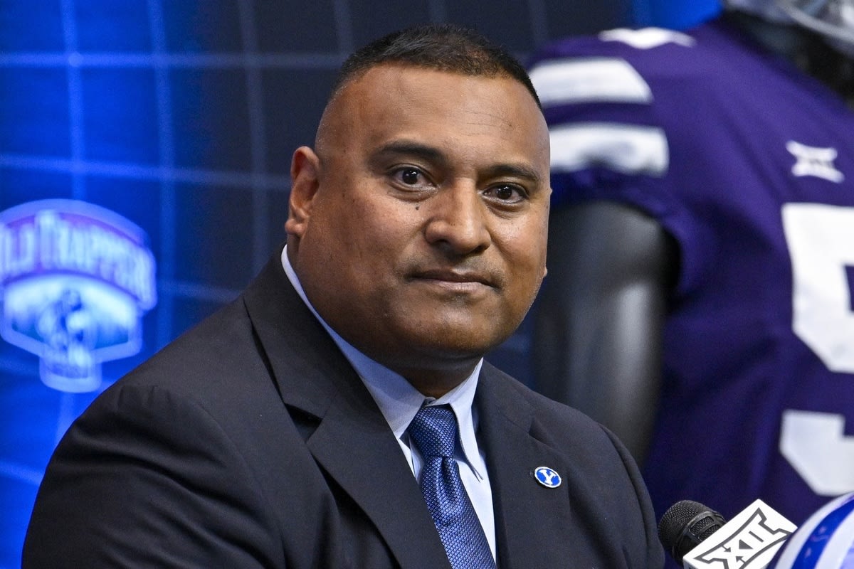 BYU Cougars head coach Kalani Sitake is interviewed during Big 12 football media day