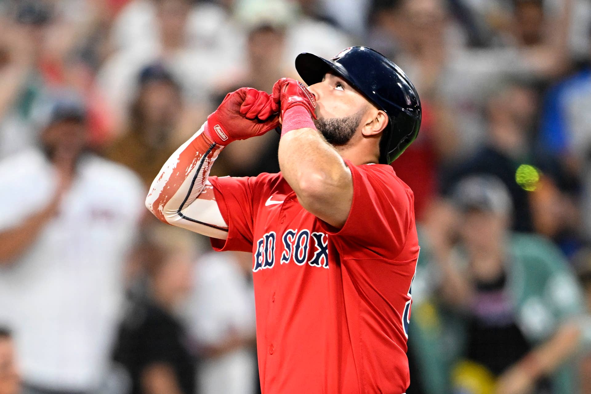 Boston Red Sox right fielder Wilyer Abreu (52) looks skyward after hitting a two-run home run during the fourth inning against the San Diego Padres at Petco Park.
