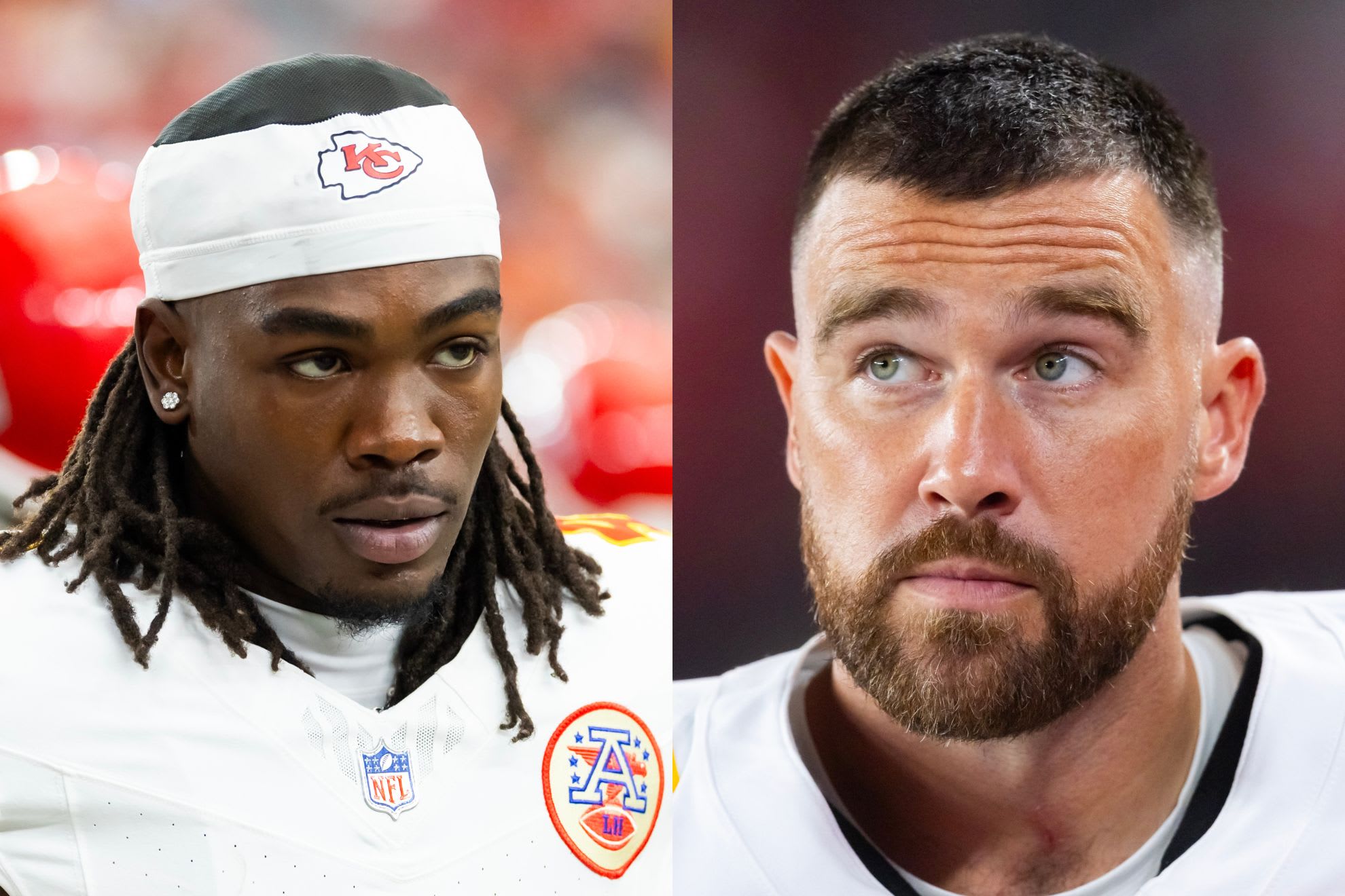 Kansas City Chiefs wide receiver Rashee Rice and Kansas City Chiefs tight end Travis Kelce.