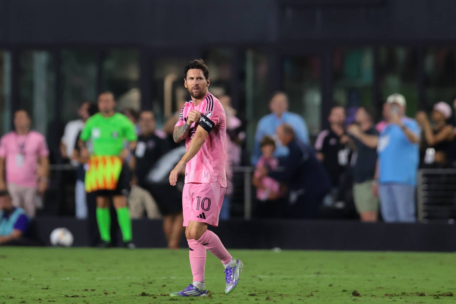 Inter Miami CF forward Lionel Messi (10) looks on after scoring against Orlando City during the second half at Chase Stadium. 
Credit: Sam Navarro-Imagn Images

