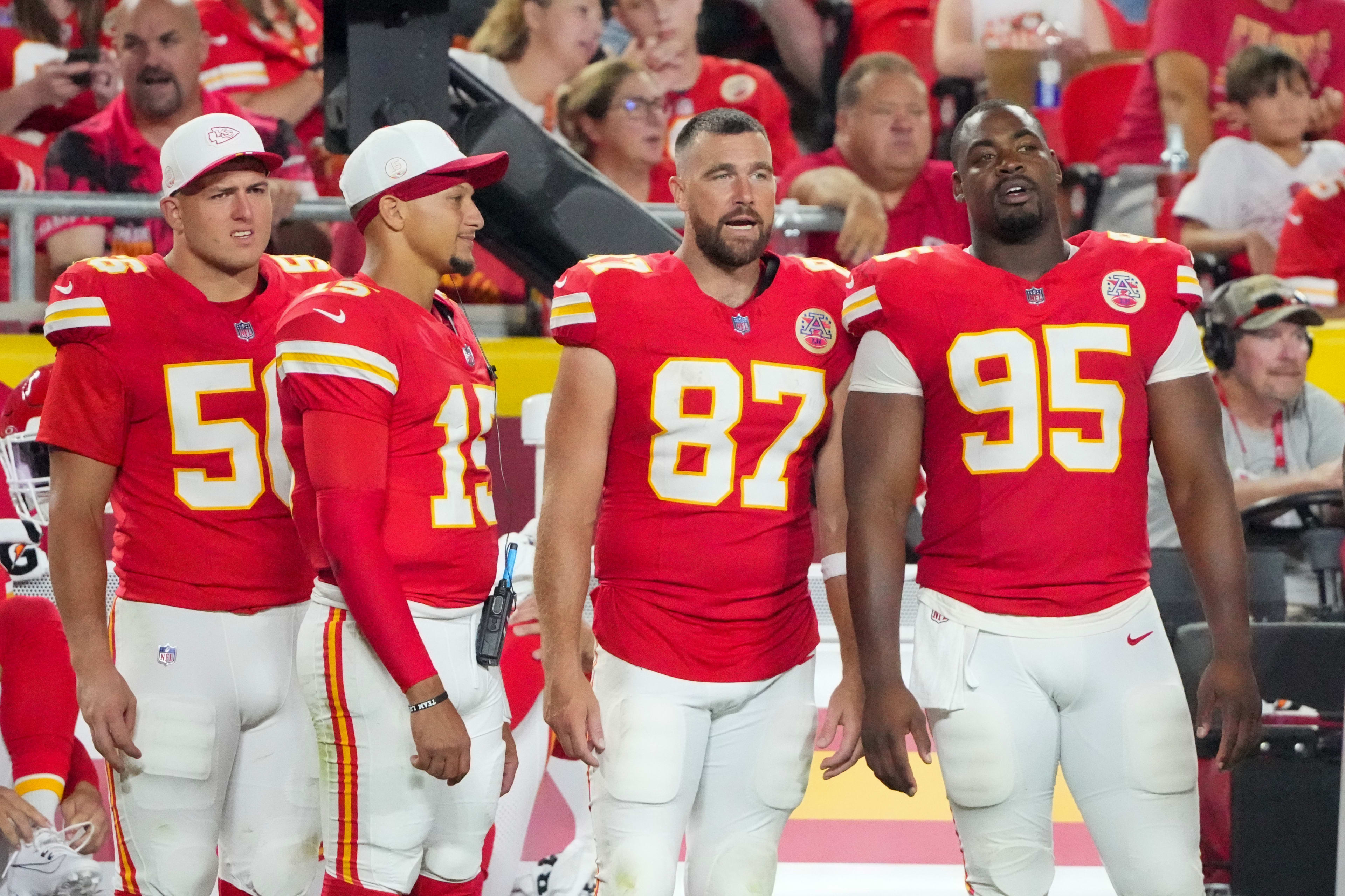 Kansas City Chiefs quarterback Patrick Mahomes, tight end Travis Kelce and defensive tackle Chris Jones