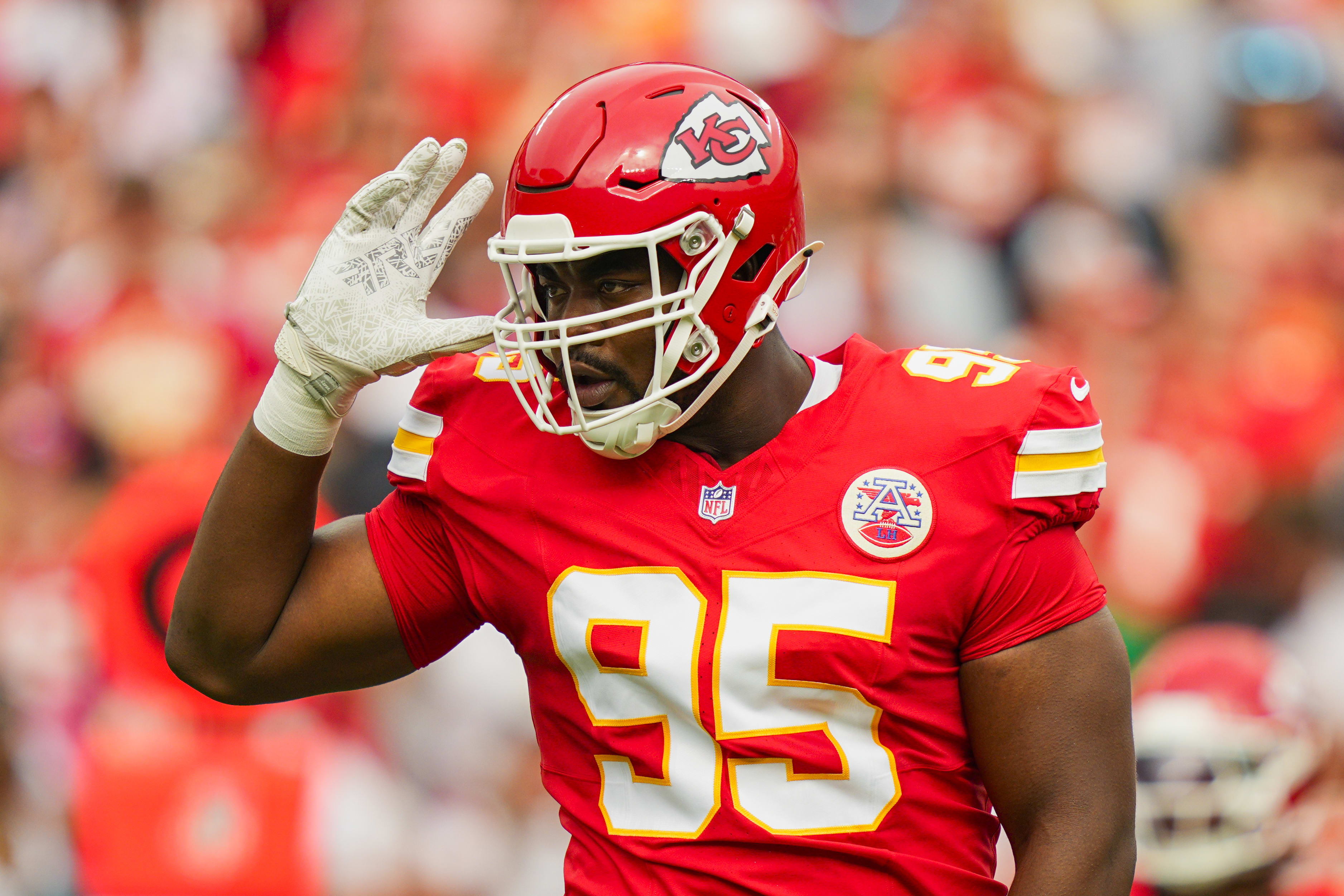 Kansas City Chiefs defensive tackle Chris Jones (95) reacts during the first half against the Philadelphia Eagles at GEHA Field at Arrowhead Stadium on Sept. 14, 2025.