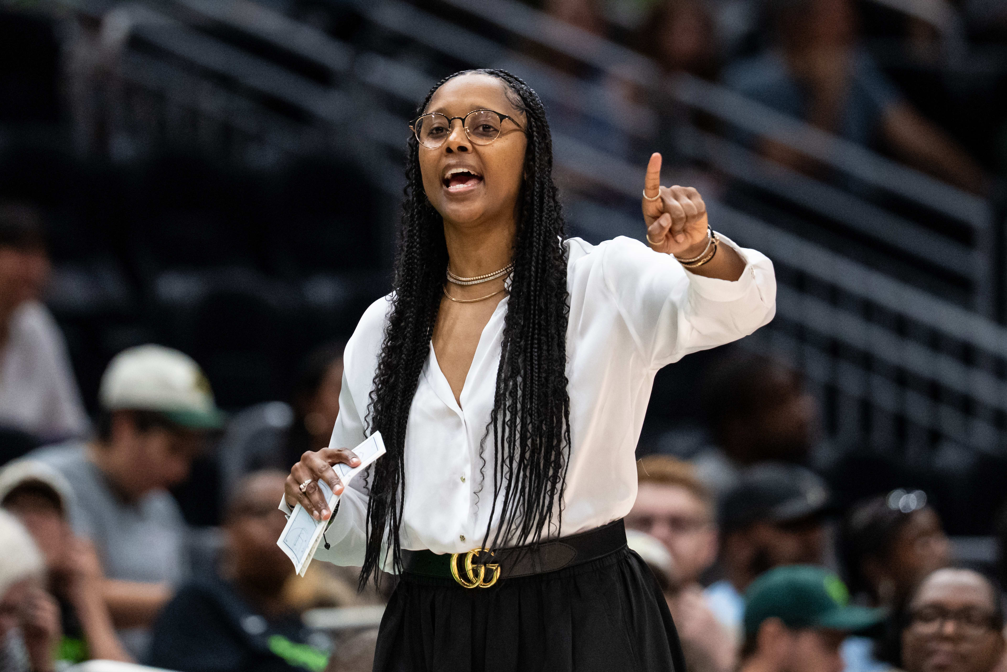 Former Seattle Storm head coach Noelle Quinn against the Dallas Wings