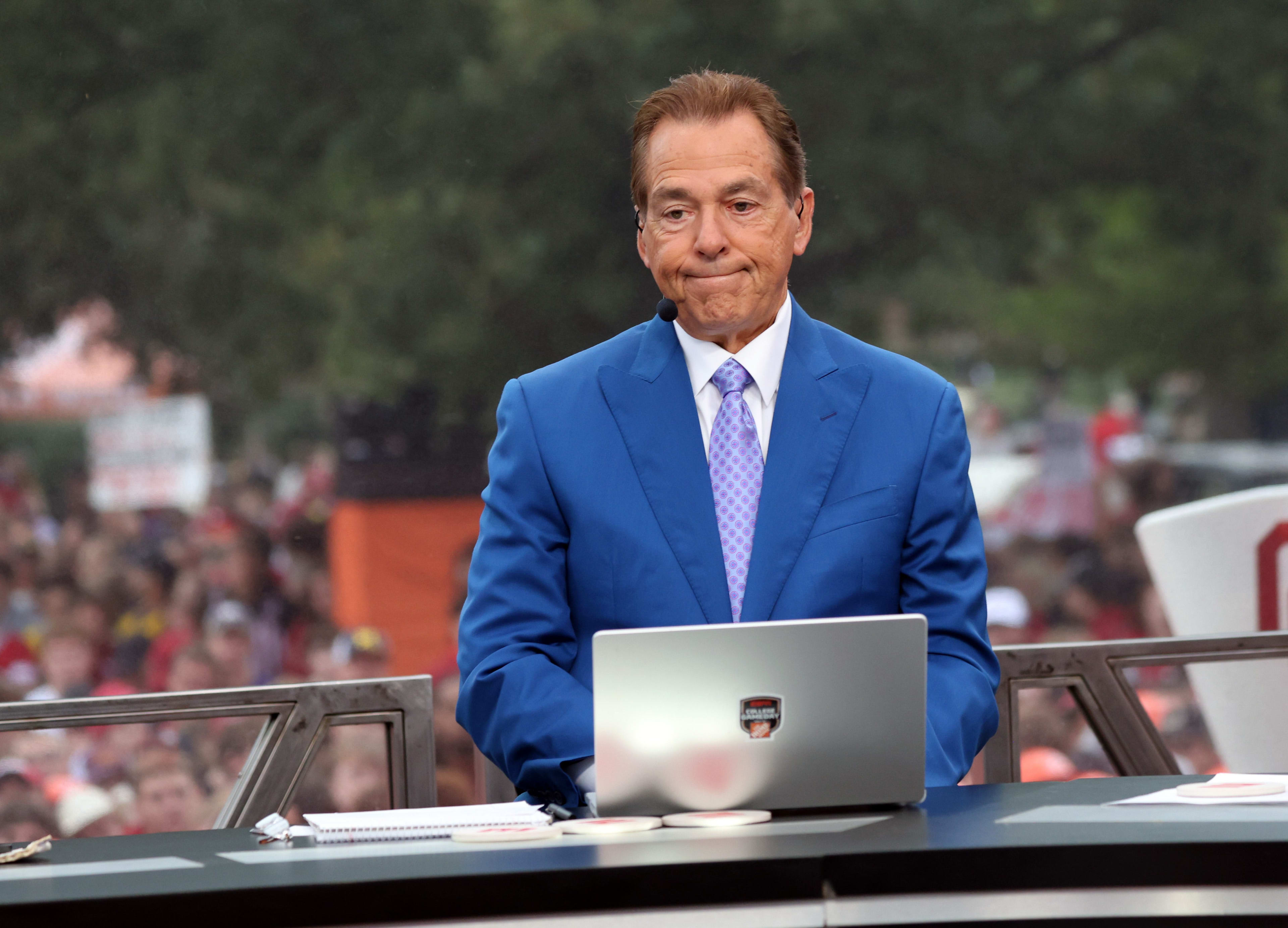 Nick Saban is on stage at ESPN College GameDay .