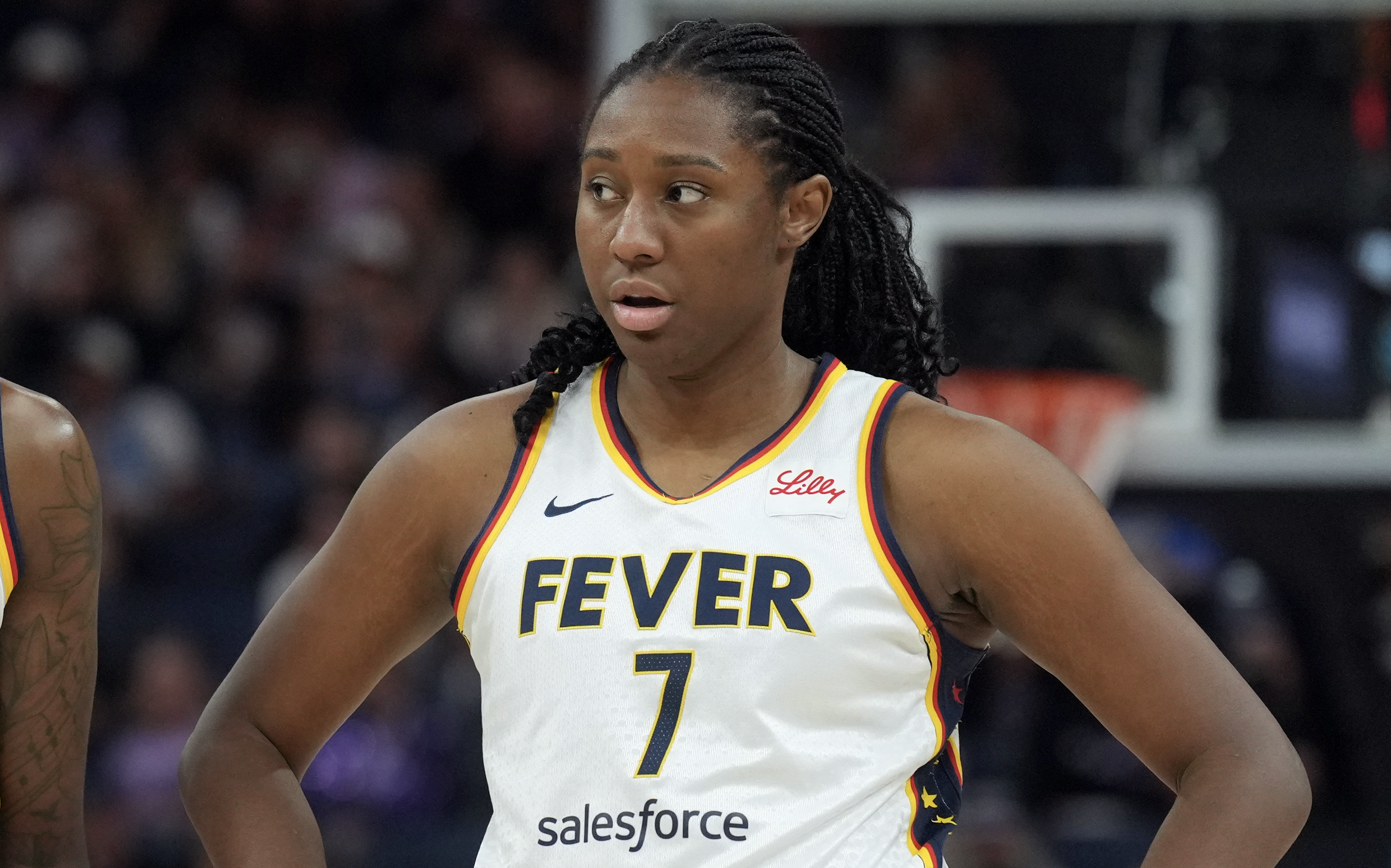 Indiana Fever forward Aliyah Boston stands on the court against the Golden State Valkyries
